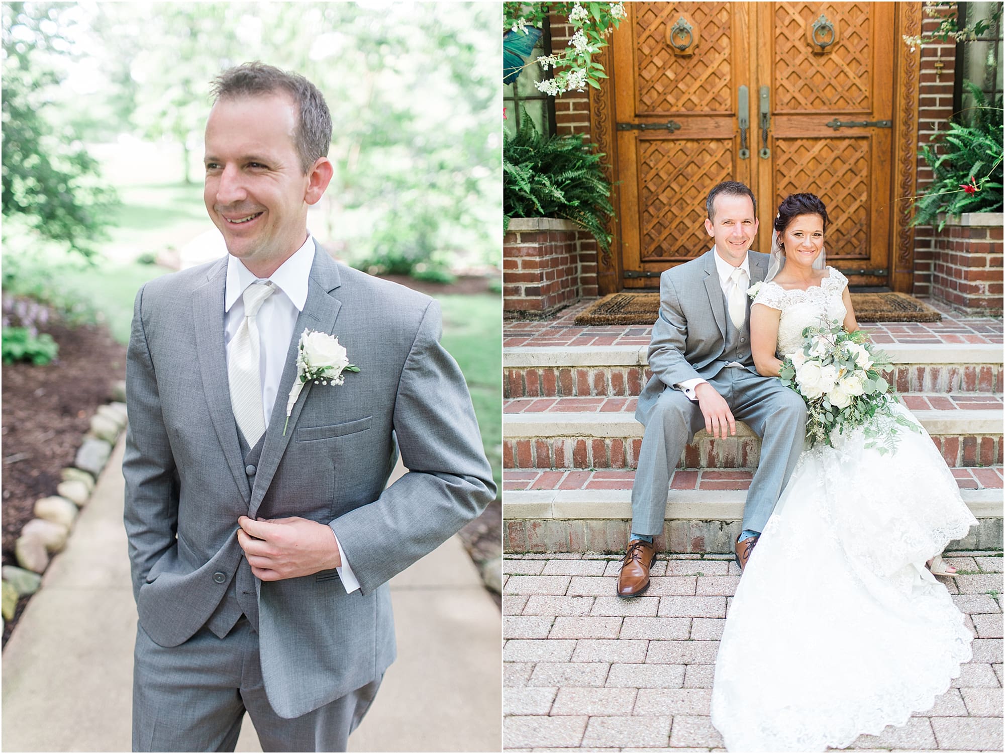 Arielle Peters Photography | Bride and groom sitting on brick steps on wedding day at Winona Heritage Room in Winona Lake, Indiana.