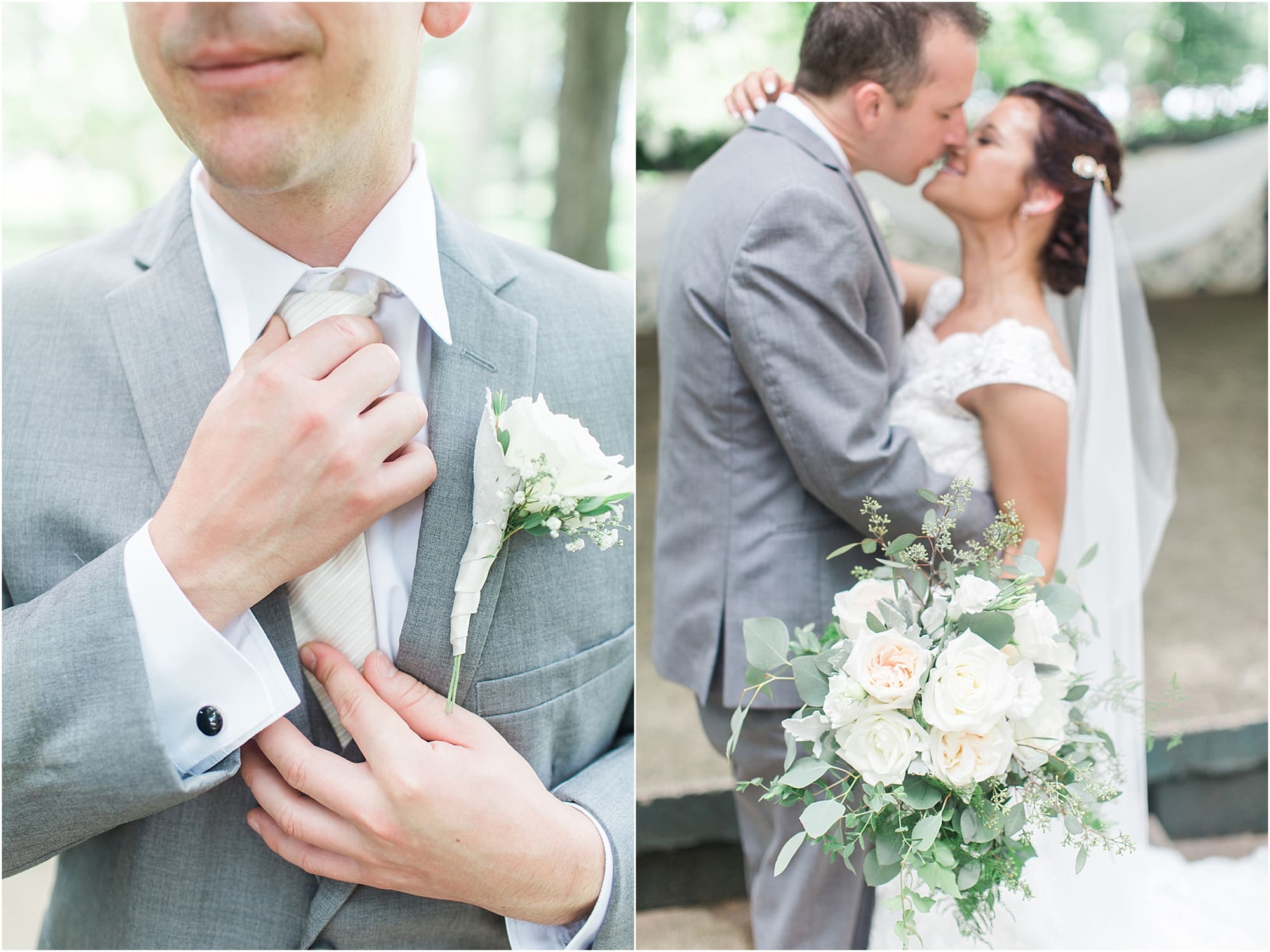 Arielle Peters Photography | Bride and groom kissing in park on wedding day at Winona Heritage Room in Winona Lake, Indiana.