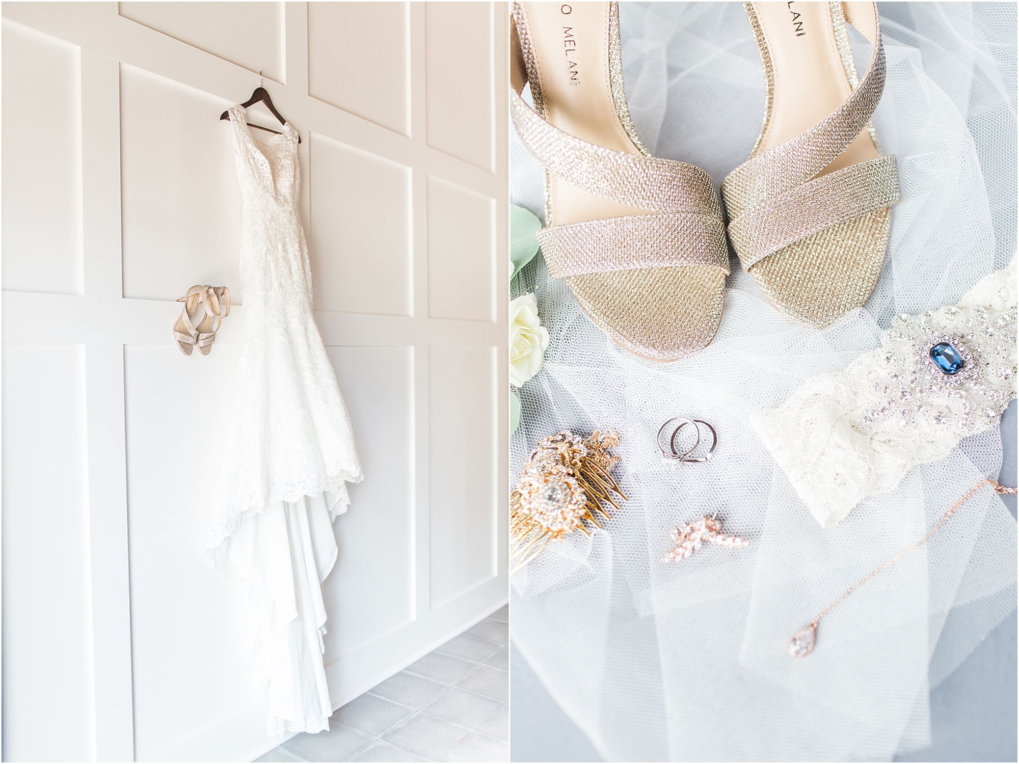 Arielle Peters Photography | Wedding dress hanging on white wooden wall on wedding day at Winona Heritage Room in Winona Lake, Indiana.
