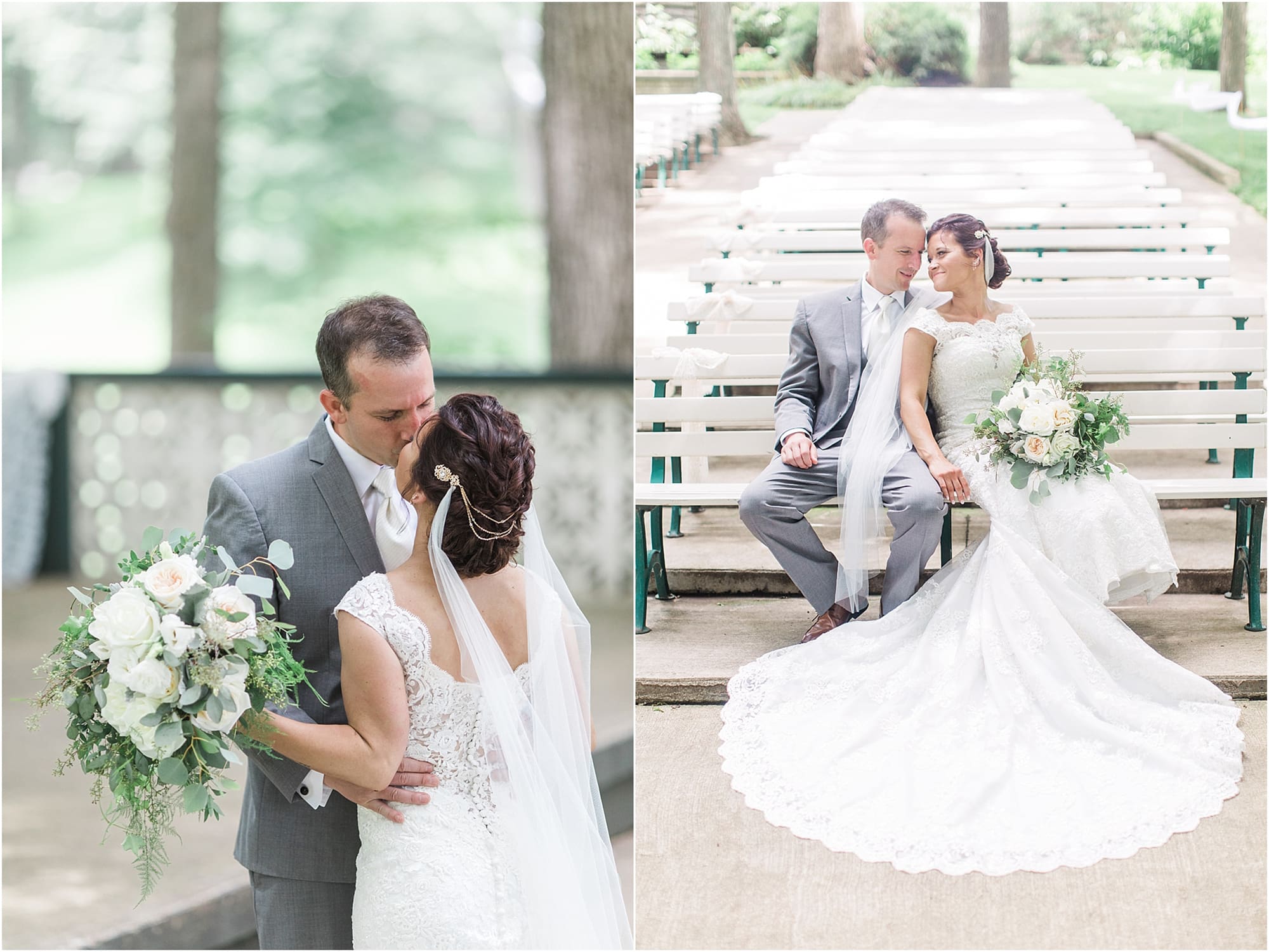 Arielle Peters Photography | Bride and groom sitting on benches in park on wedding day at Winona Heritage Room in Winona Lake, Indiana.