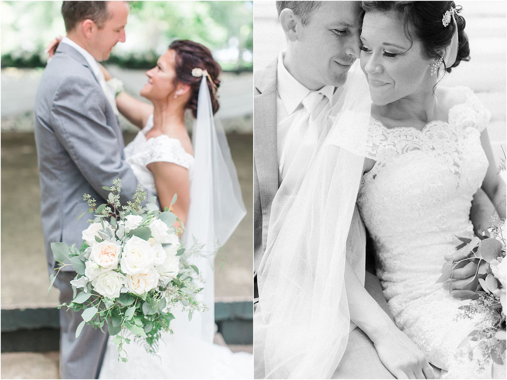 Arielle Peters Photography | Bride and groom on park bench on wedding day at Winona Heritage Room in Winona Lake, Indiana.