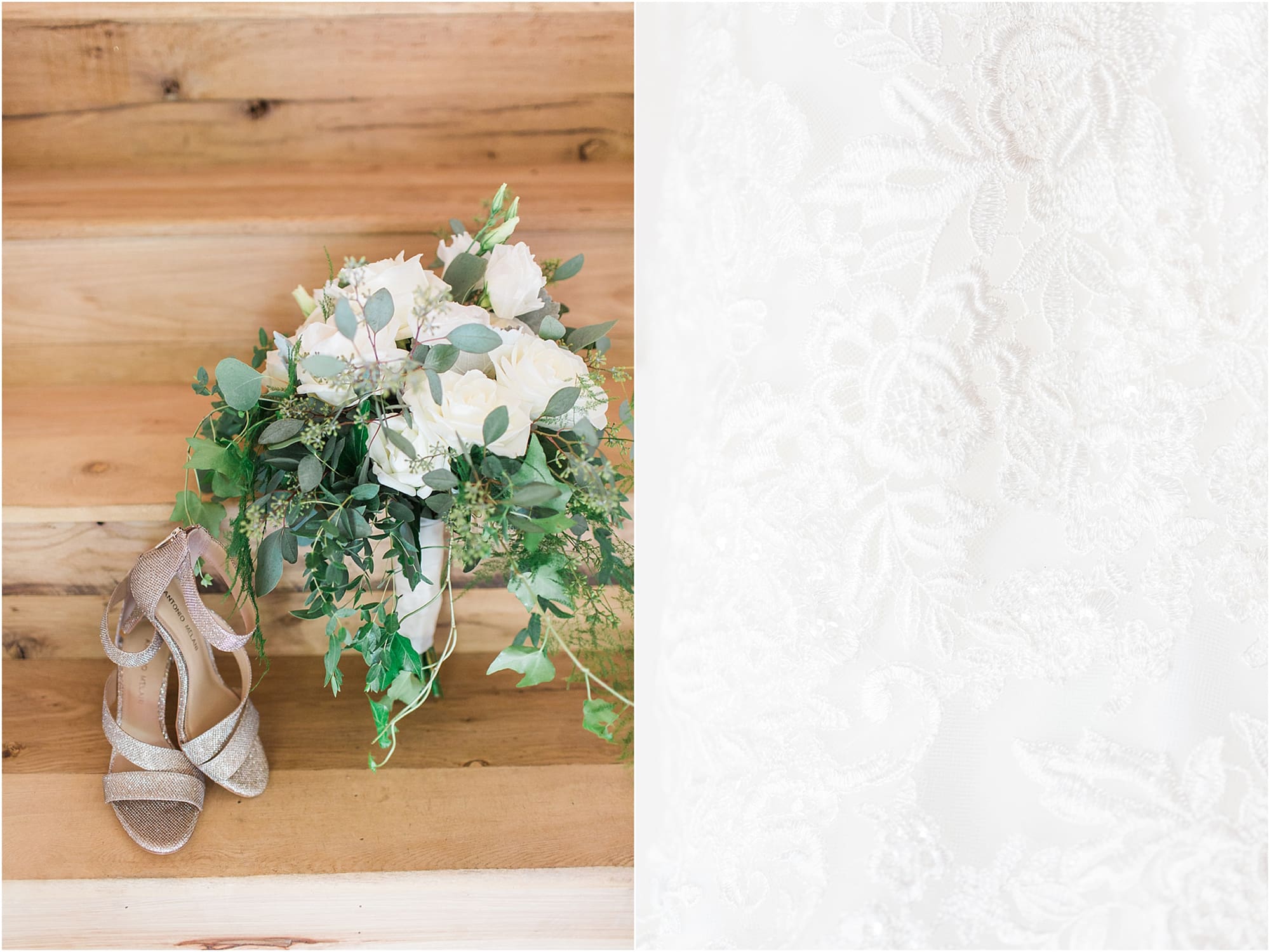 Arielle Peters Photography | Wedding bouquet on wooden background on wedding day at Winona Heritage Room in Winona Lake, Indiana.