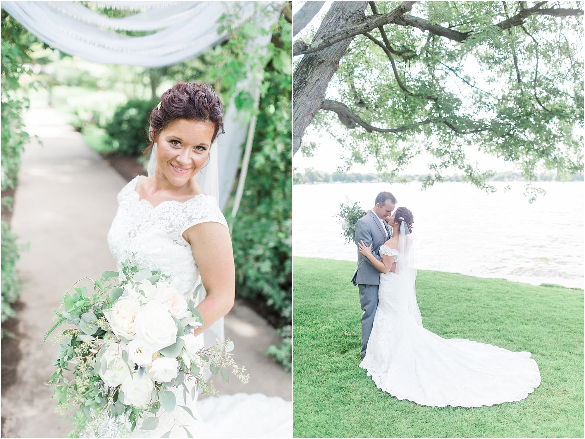 Arielle Peters Photography | Bride and groom next to lake on wedding day at Winona Heritage Room in Winona Lake, Indiana.
