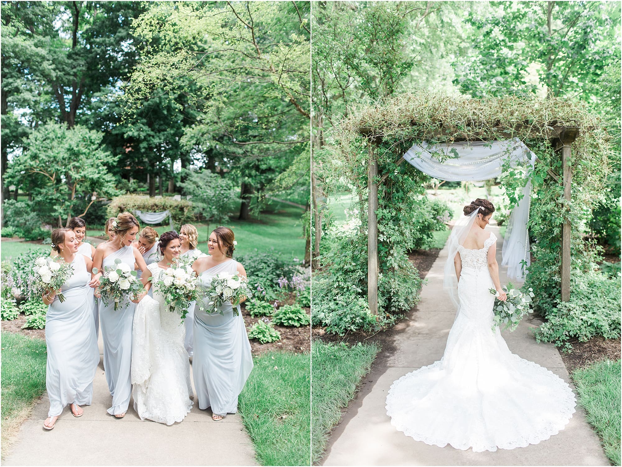 Arielle Peters Photography | Bride and bridesmaids walking through garden on wedding day at Winona Heritage Room in Winona Lake, Indiana.