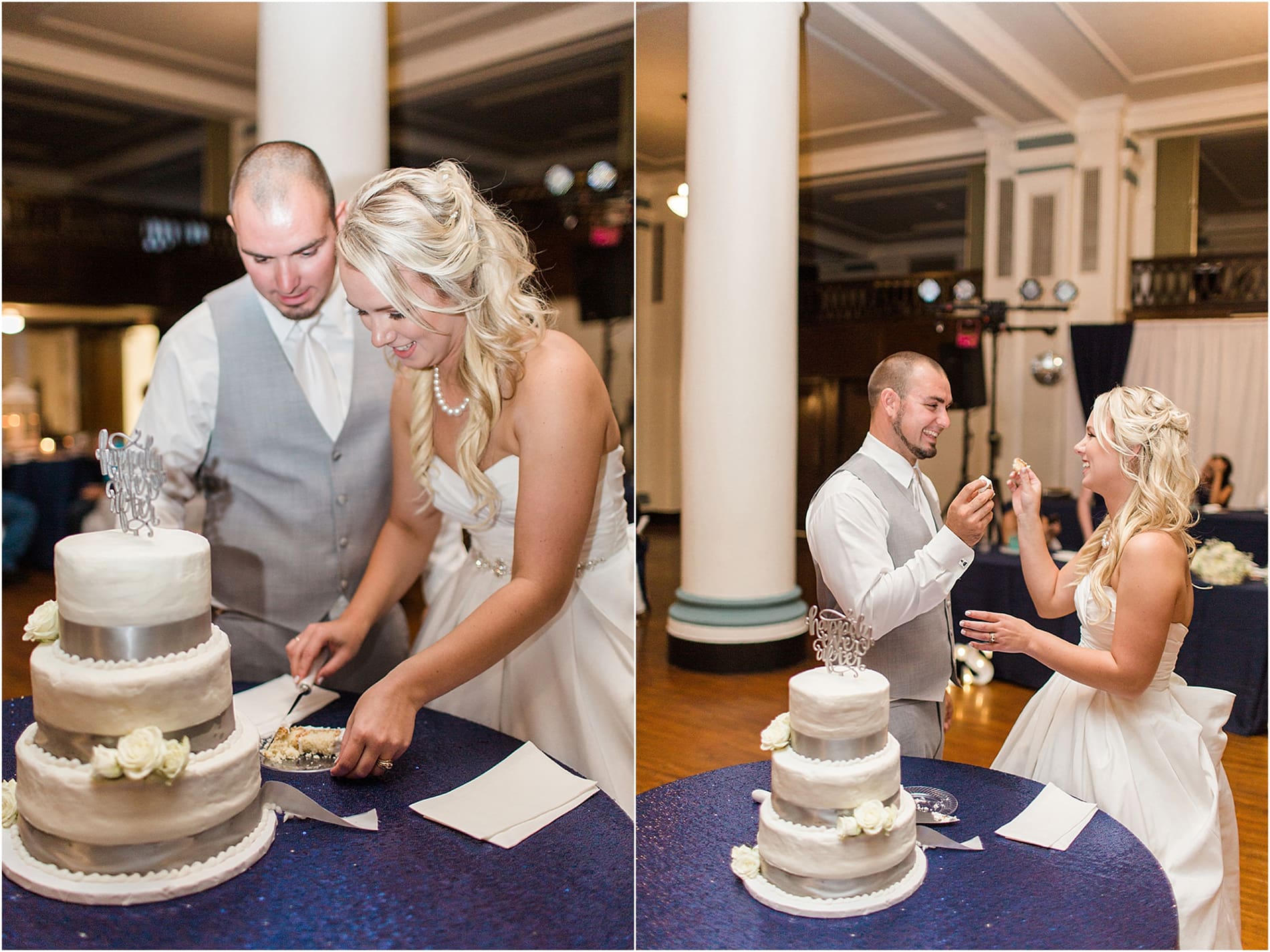 Arielle Peters Photography | Bride and groom feeding each other cake at wedding reception on wedding day at the Freemasons Hall in Fort Wayne, Indiana.