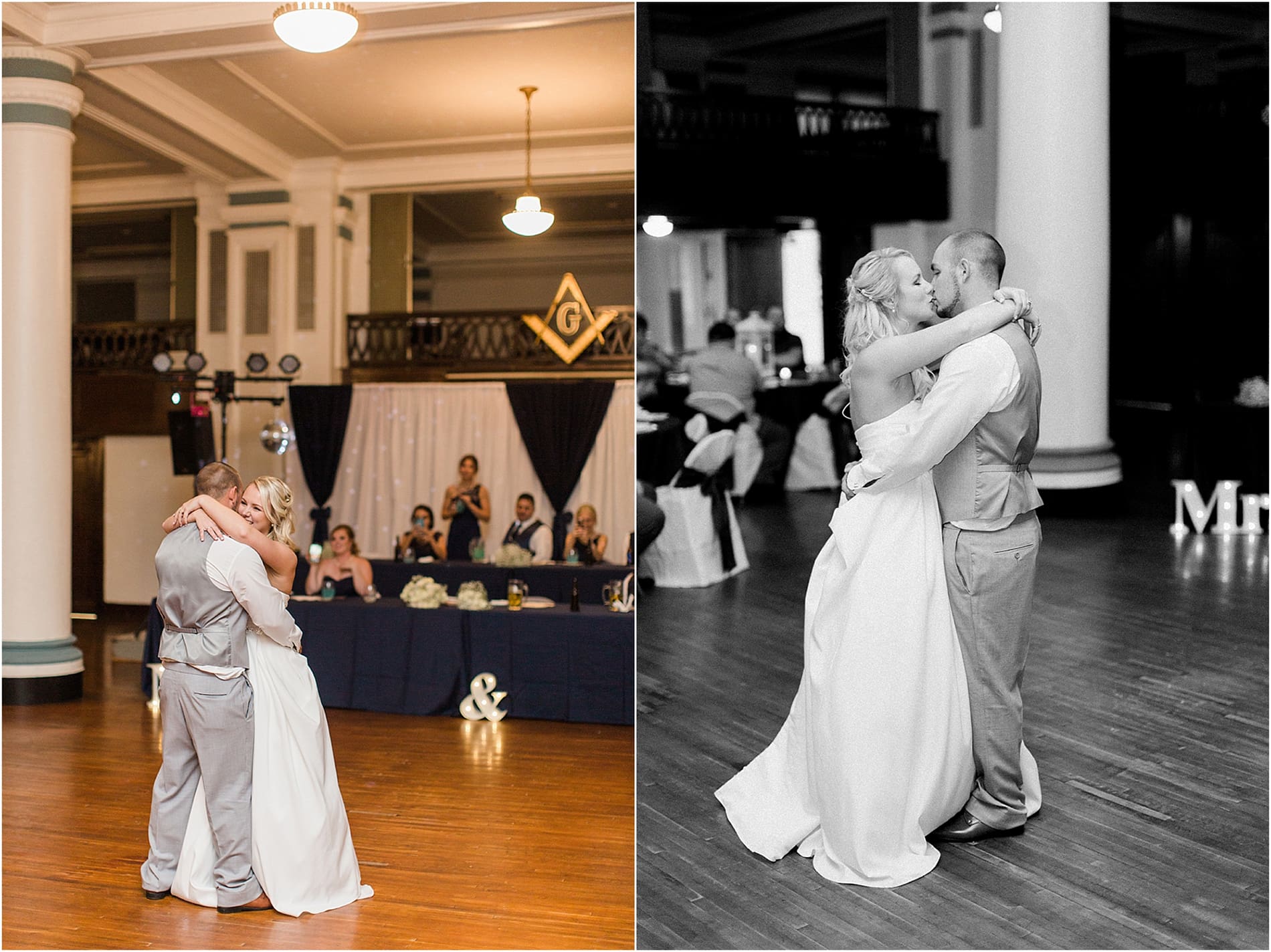 Arielle Peters Photography | Bride and groom sharing first dance at wedding reception on wedding day at the Freemasons Hall in Fort Wayne, Indiana.