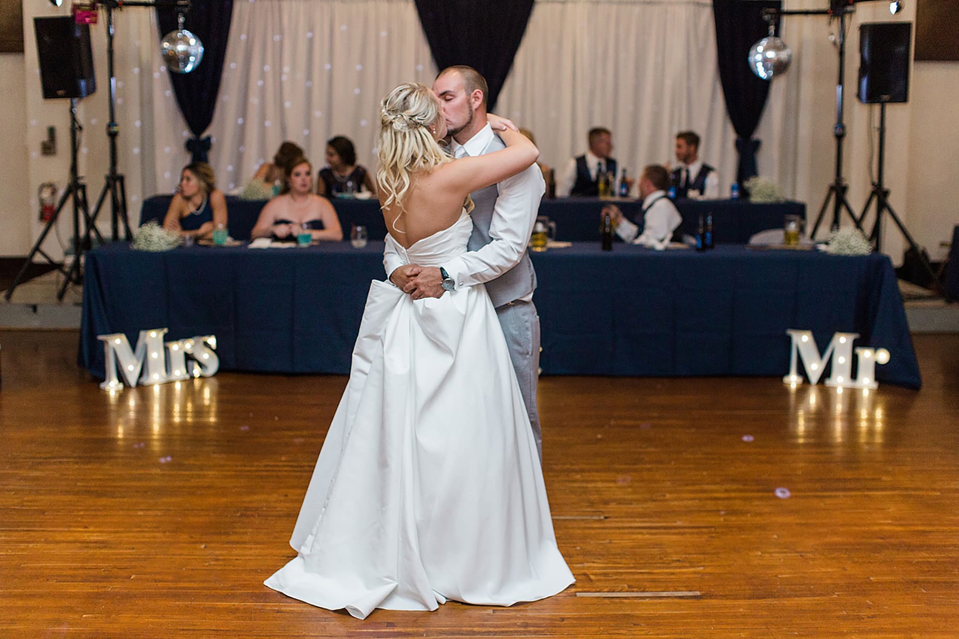 Arielle Peters Photography | Bride and groom sharing first dance at wedding reception on wedding day at the Freemasons Hall in Fort Wayne, Indiana.