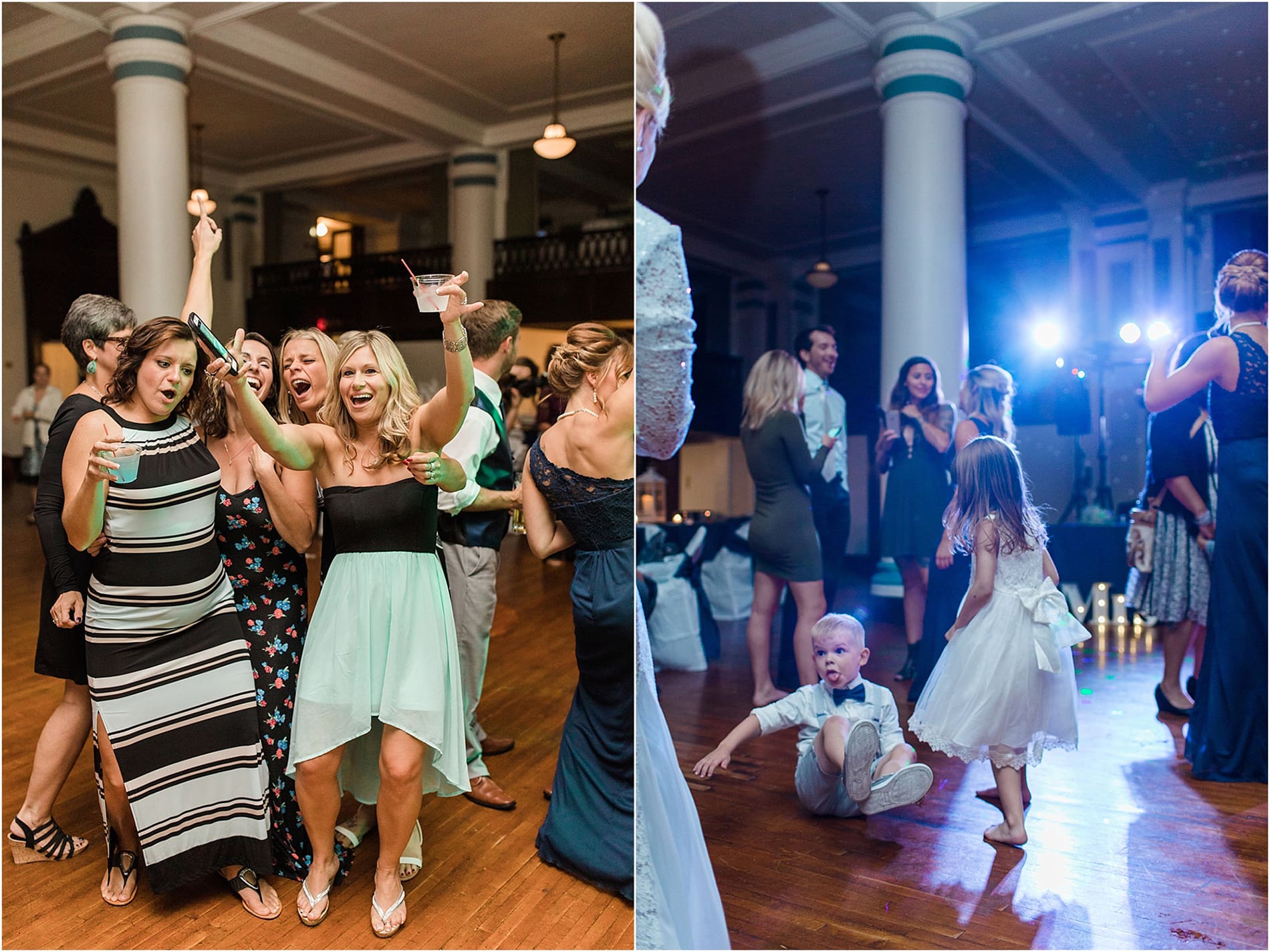 Arielle Peters Photography | Wedding guests dancing at reception on wedding day at the Freemasons Hall in Fort Wayne, Indiana.