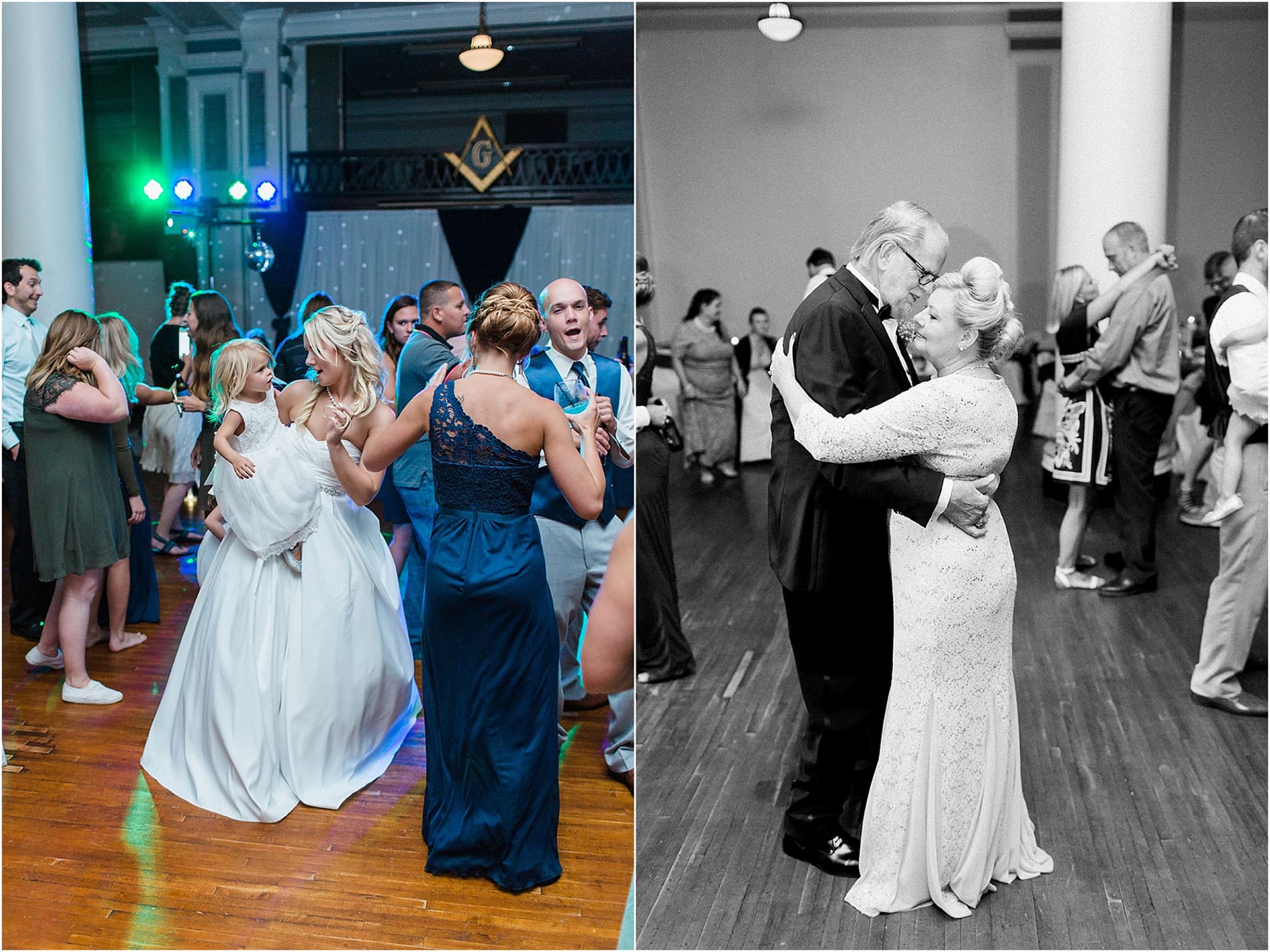Arielle Peters Photography | Wedding guests dancing at reception on wedding day at the Freemasons Hall in Fort Wayne, Indiana.