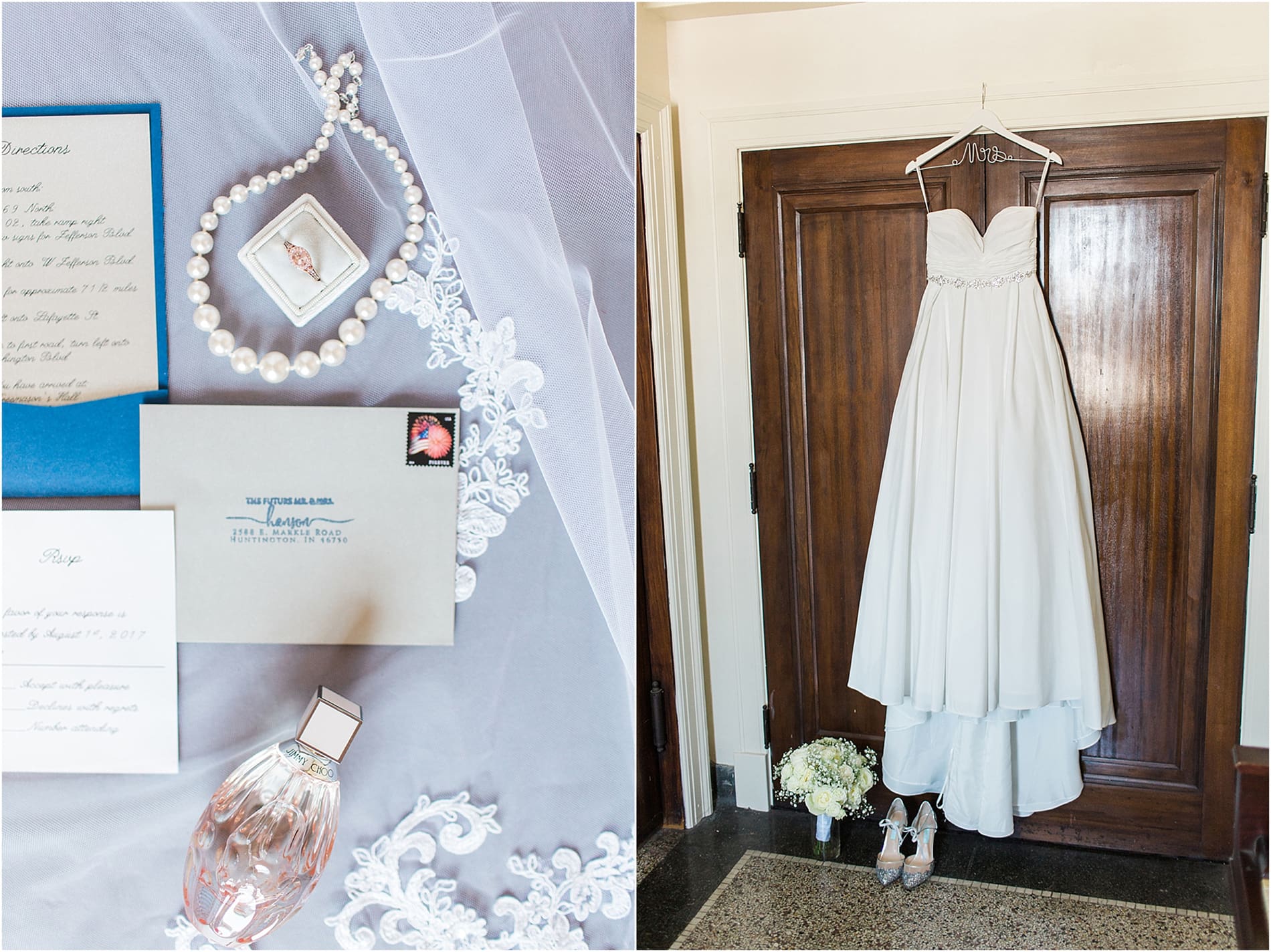 Arielle Peters Photography | Wedding dress hanging in wooden doorway on wedding day at the Freemasons Hall in Fort Wayne, Indiana.