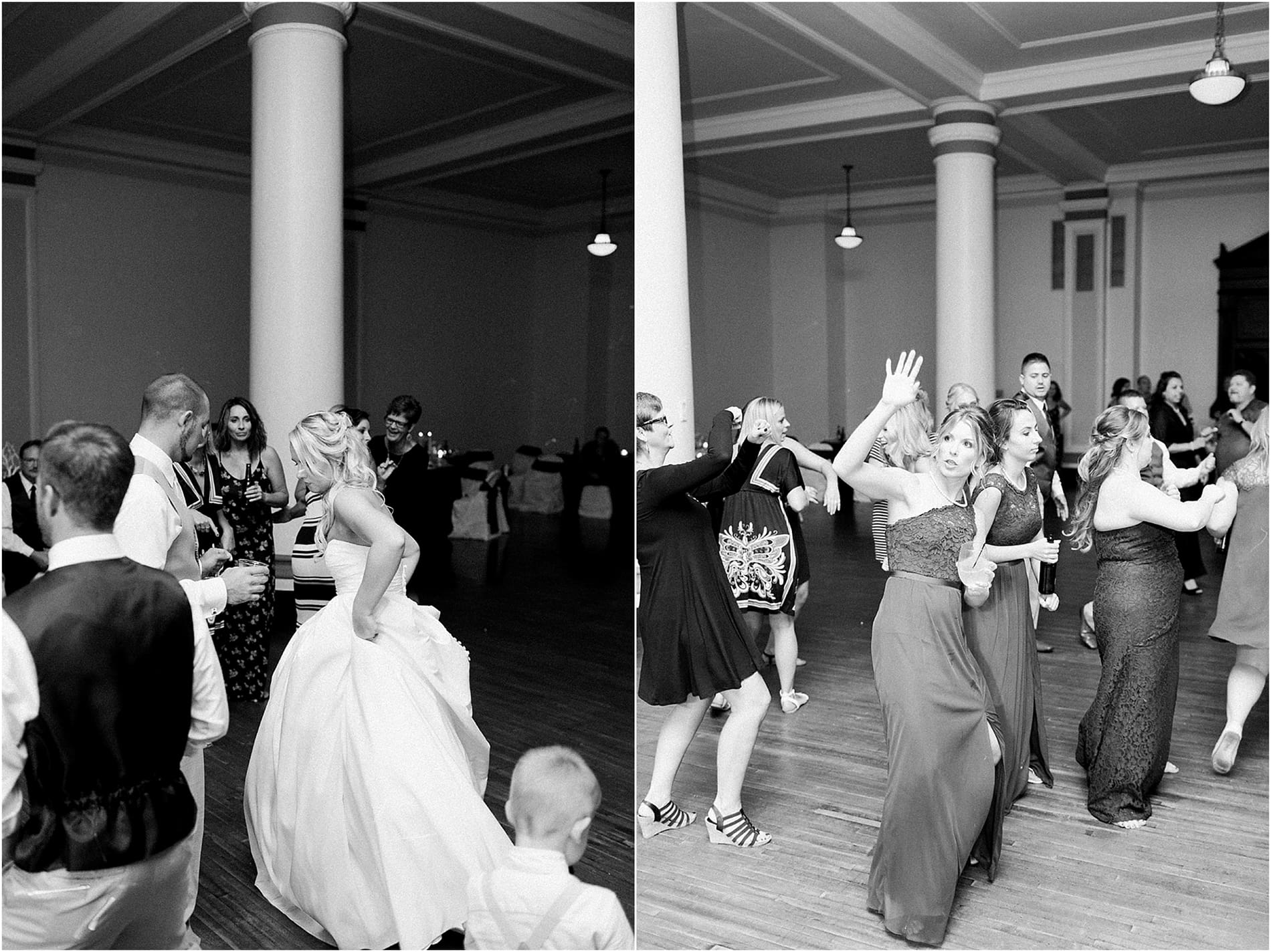 Arielle Peters Photography | Wedding guests dancing at reception on wedding day at the Freemasons Hall in Fort Wayne, Indiana.