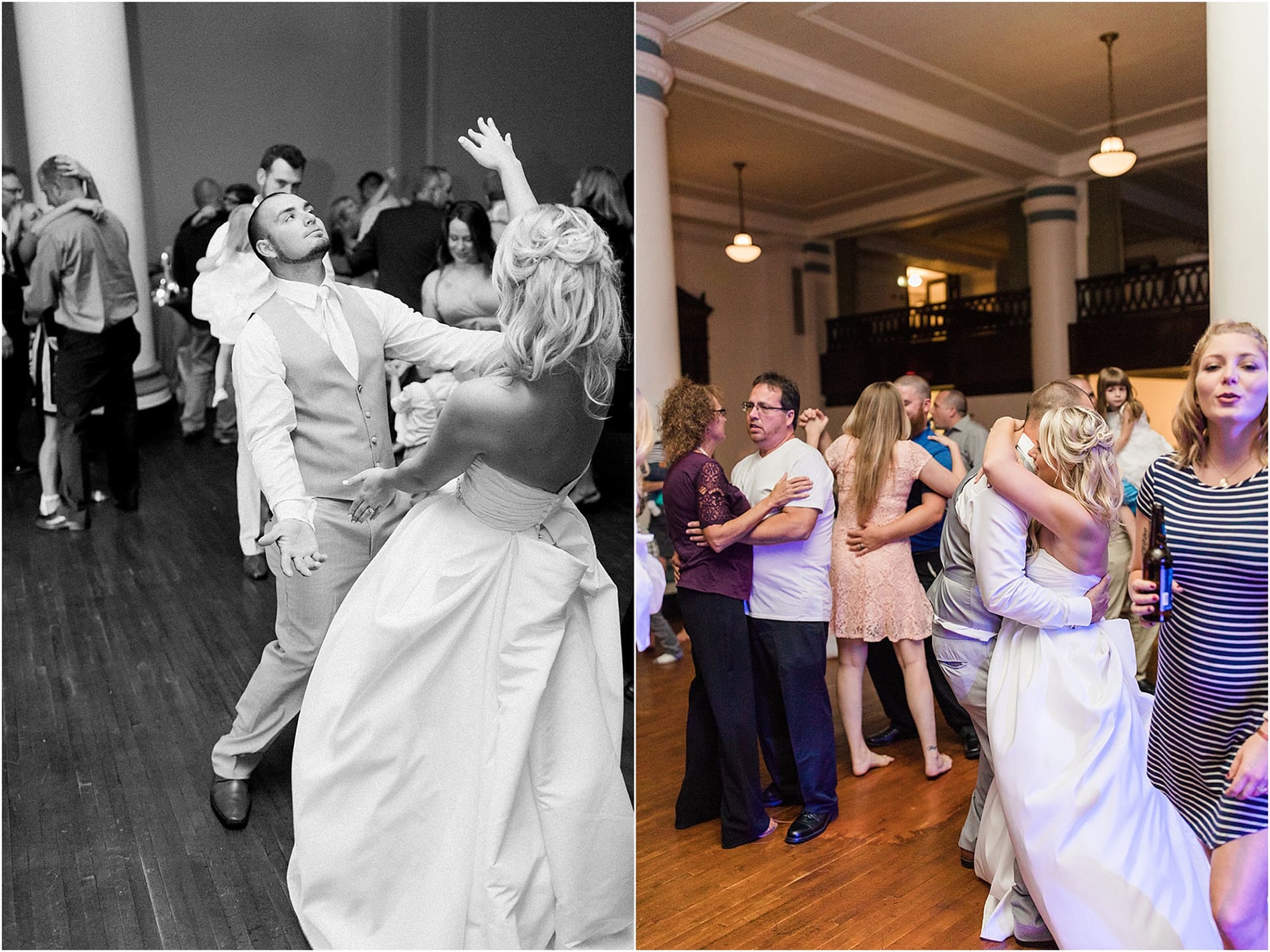 Arielle Peters Photography | Wedding guests dancing at reception on wedding day at the Freemasons Hall in Fort Wayne, Indiana.