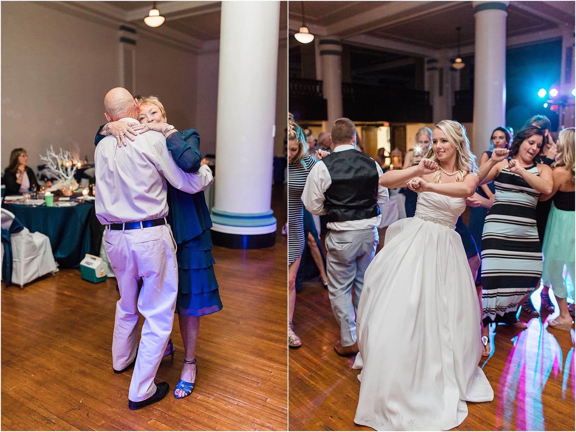 Arielle Peters Photography | Wedding guests dancing at reception on wedding day at the Freemasons Hall in Fort Wayne, Indiana.