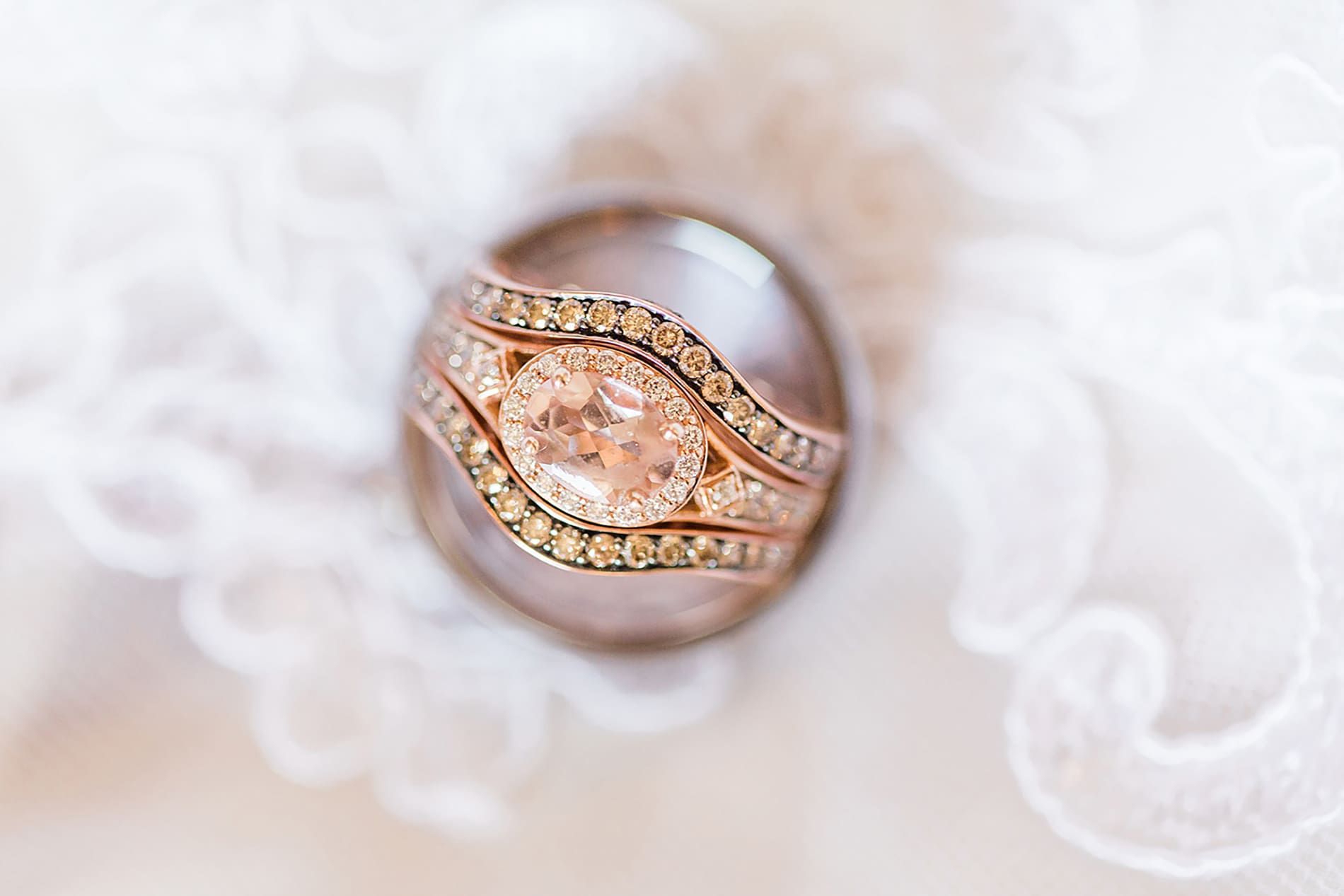Arielle Peters Photography | Wedding rings on lace dress on wedding day at the Freemasons Hall in Fort Wayne, Indiana.