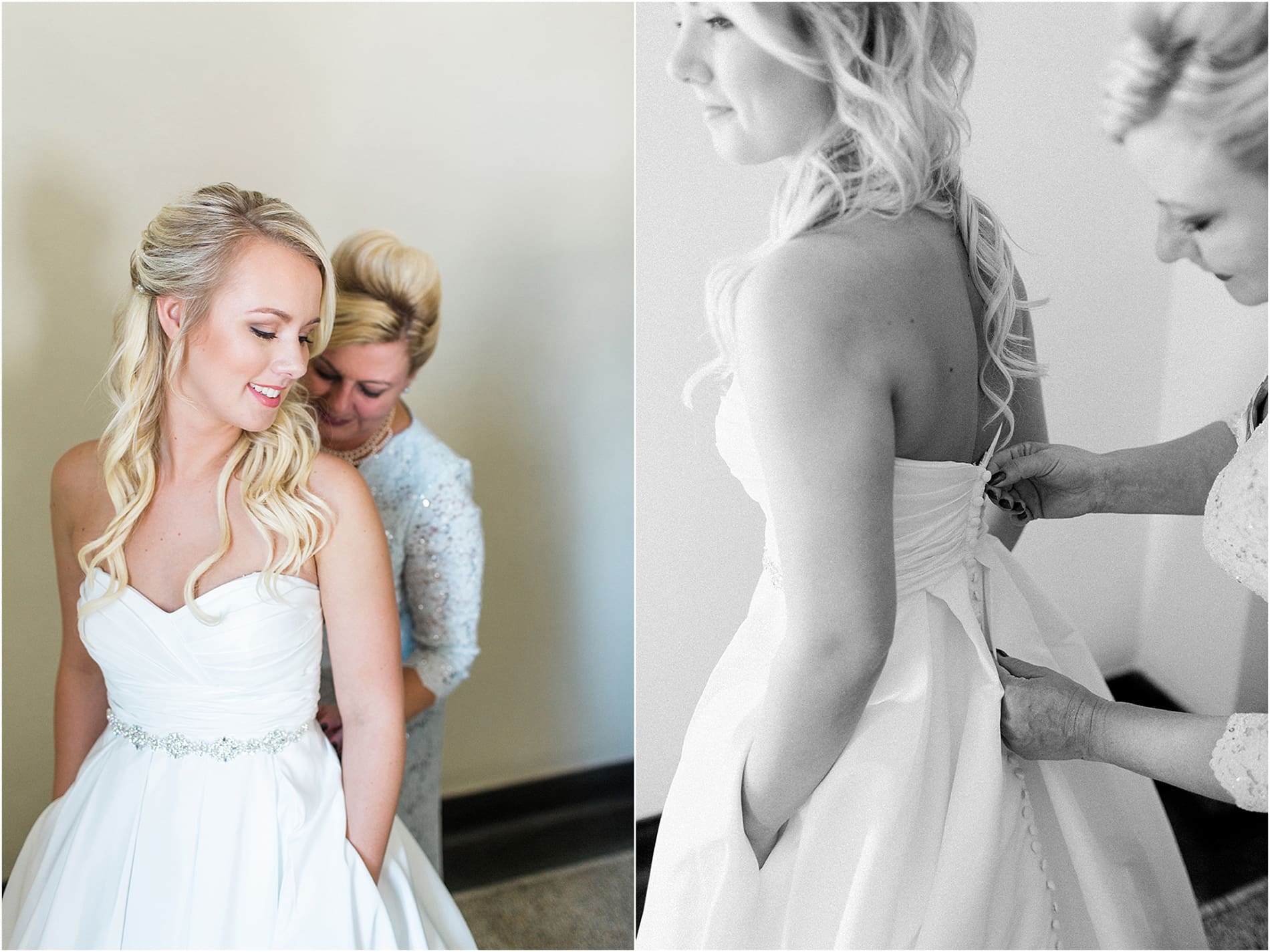 Arielle Peters Photography | Mother of bride helping bride get ready on wedding day at the Freemasons Hall in Fort Wayne, Indiana.