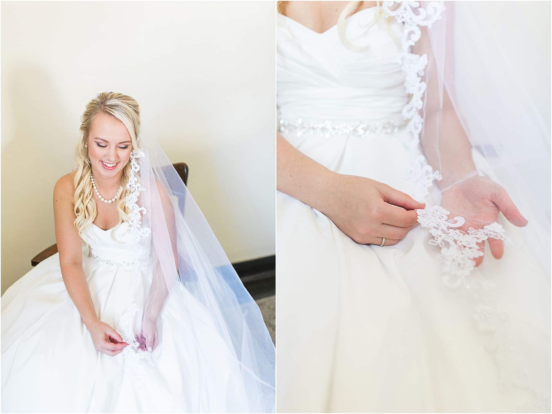 Arielle Peters Photography | Bride putting on veil on wedding day at the Freemasons Hall in Fort Wayne, Indiana.
