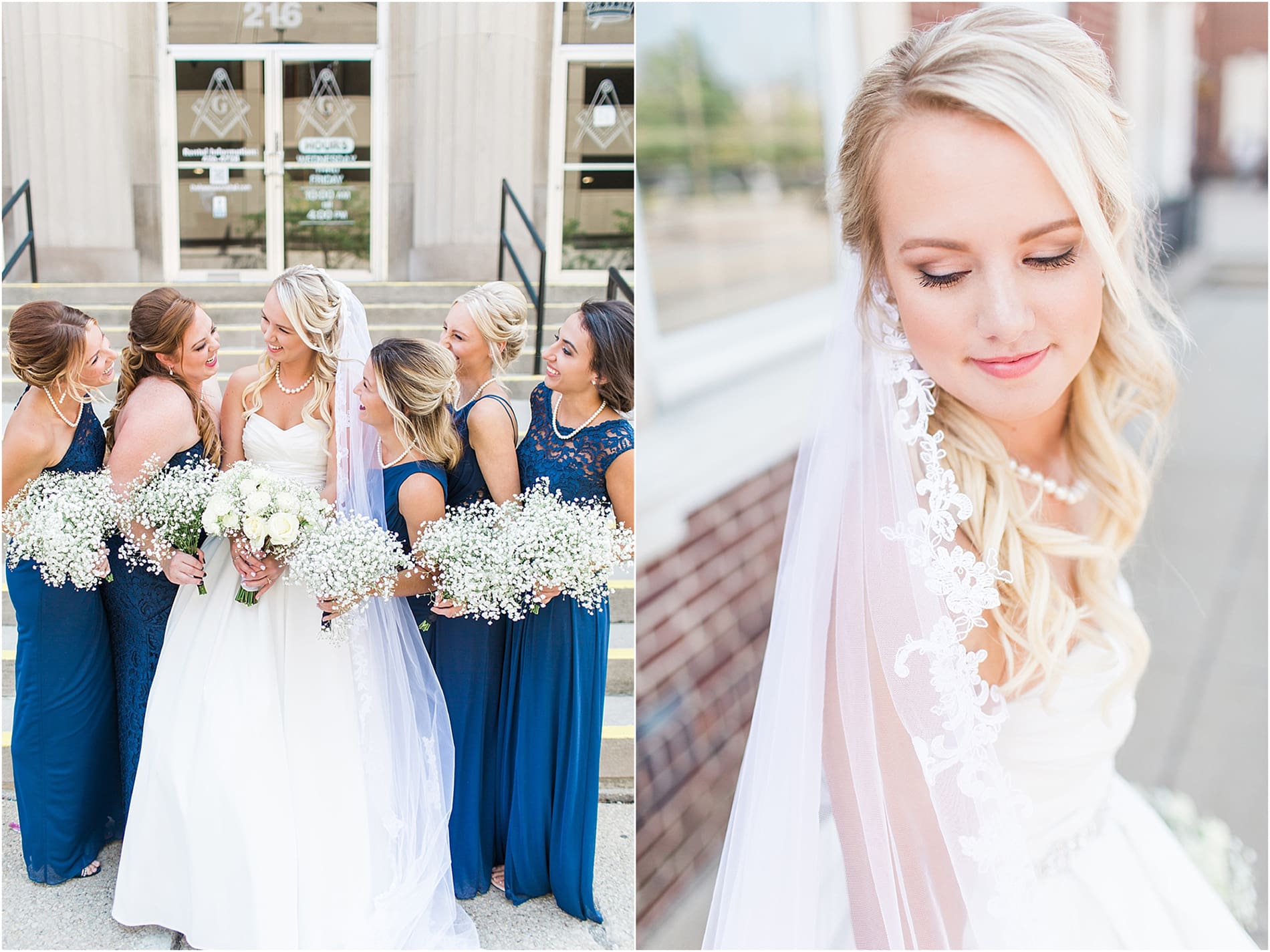 Arielle Peters Photography | Bride and bridesmaids outside church steps on wedding day at the Freemasons Hall in Fort Wayne, Indiana.
