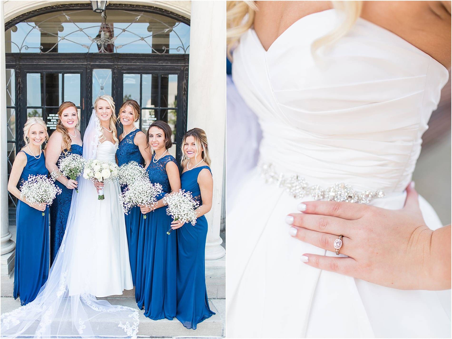 Arielle Peters Photography | Bride and bridesmaids next to columns on wedding day at the Freemasons Hall in Fort Wayne, Indiana.