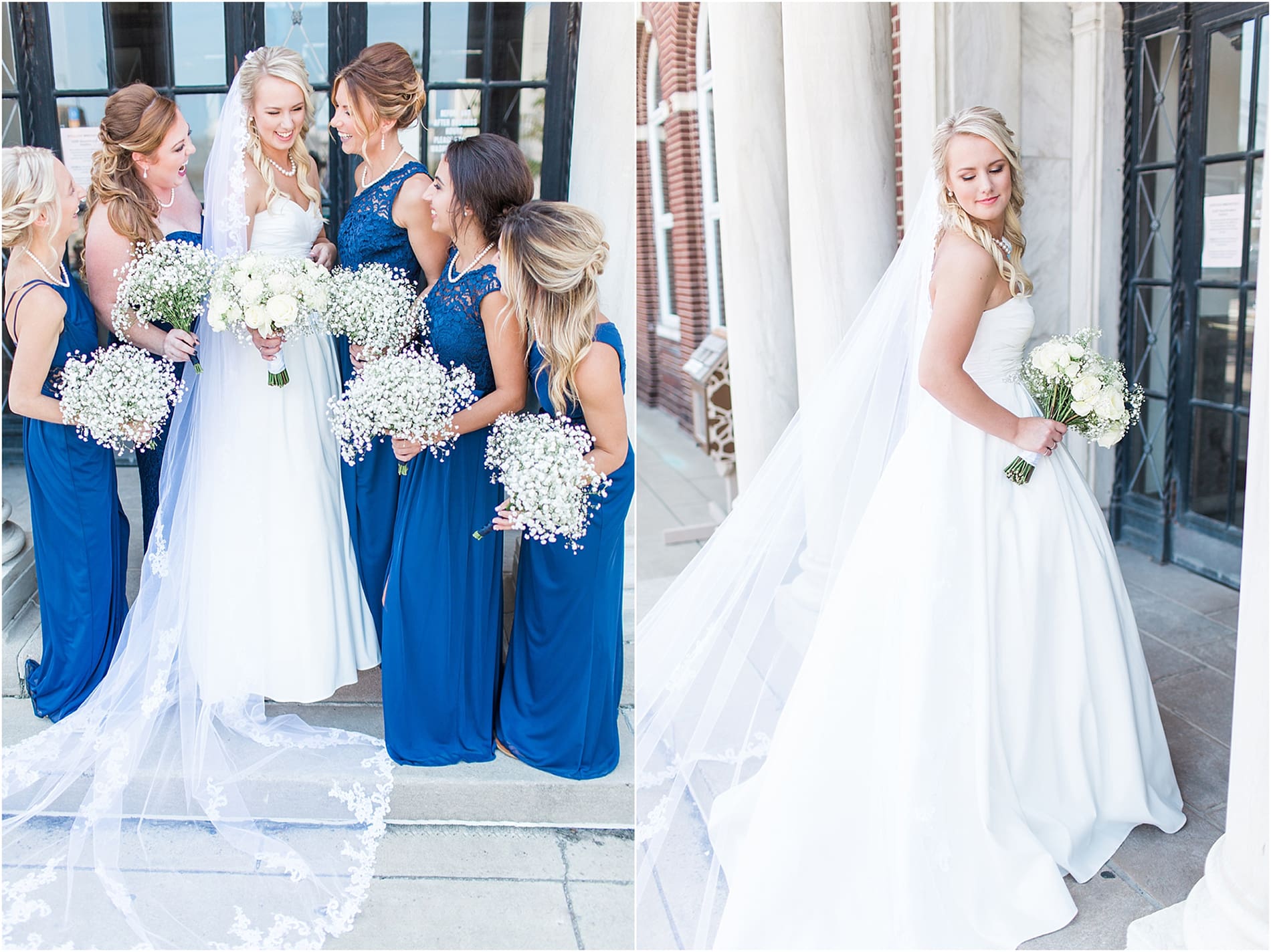 Arielle Peters Photography | Bride and bridesmaids next to columns on wedding day at the Freemasons Hall in Fort Wayne, Indiana.