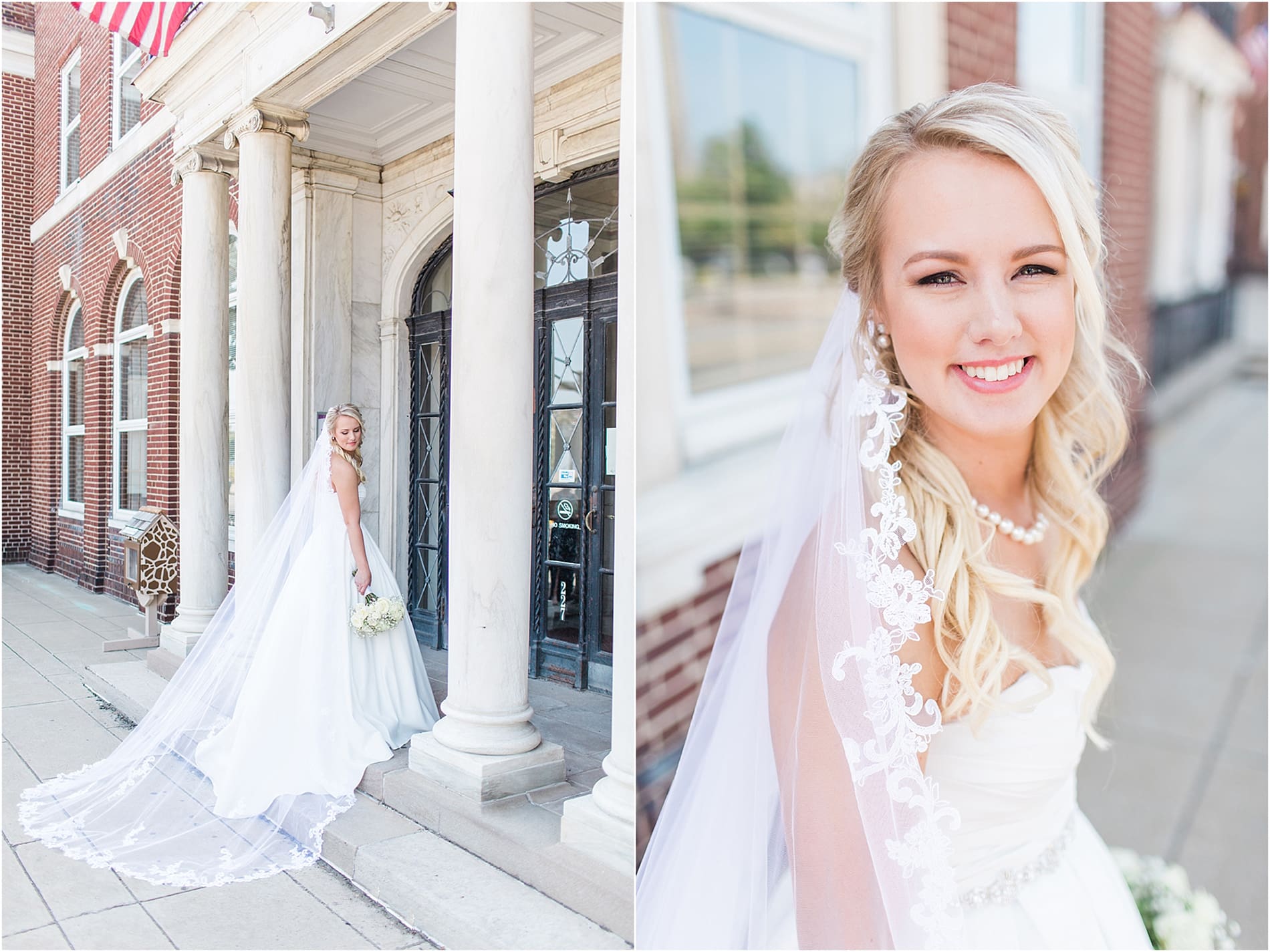 Arielle Peters Photography | Bride standing next to church columns on wedding day at the Freemasons Hall in Fort Wayne, Indiana.