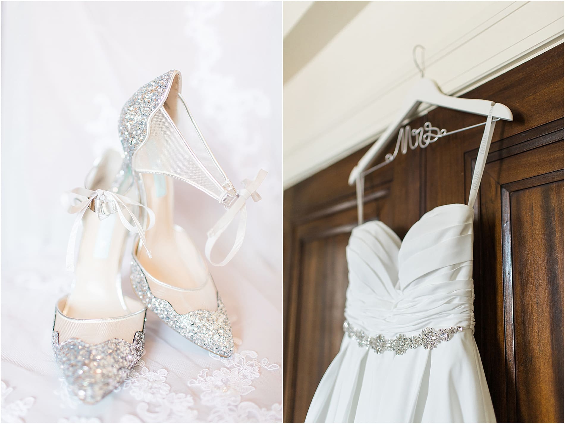 Arielle Peters Photography | Wedding dress hanging in wooden doorway on wedding day at the Freemasons Hall in Fort Wayne, Indiana.