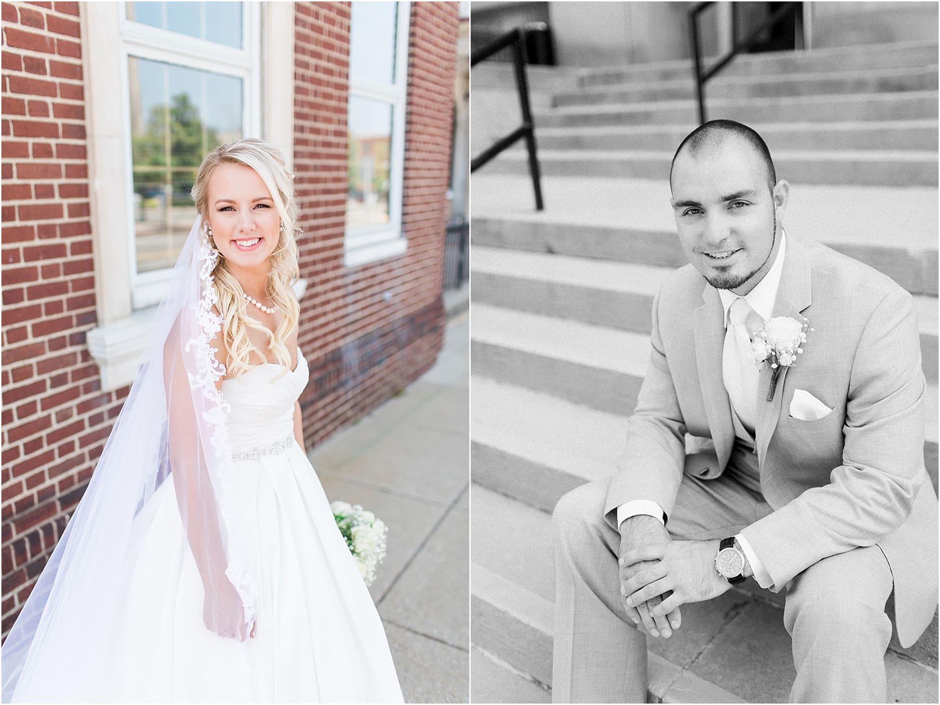 Arielle Peters Photography | Bride and groom next to church on wedding day at the Freemasons Hall in Fort Wayne, Indiana.
