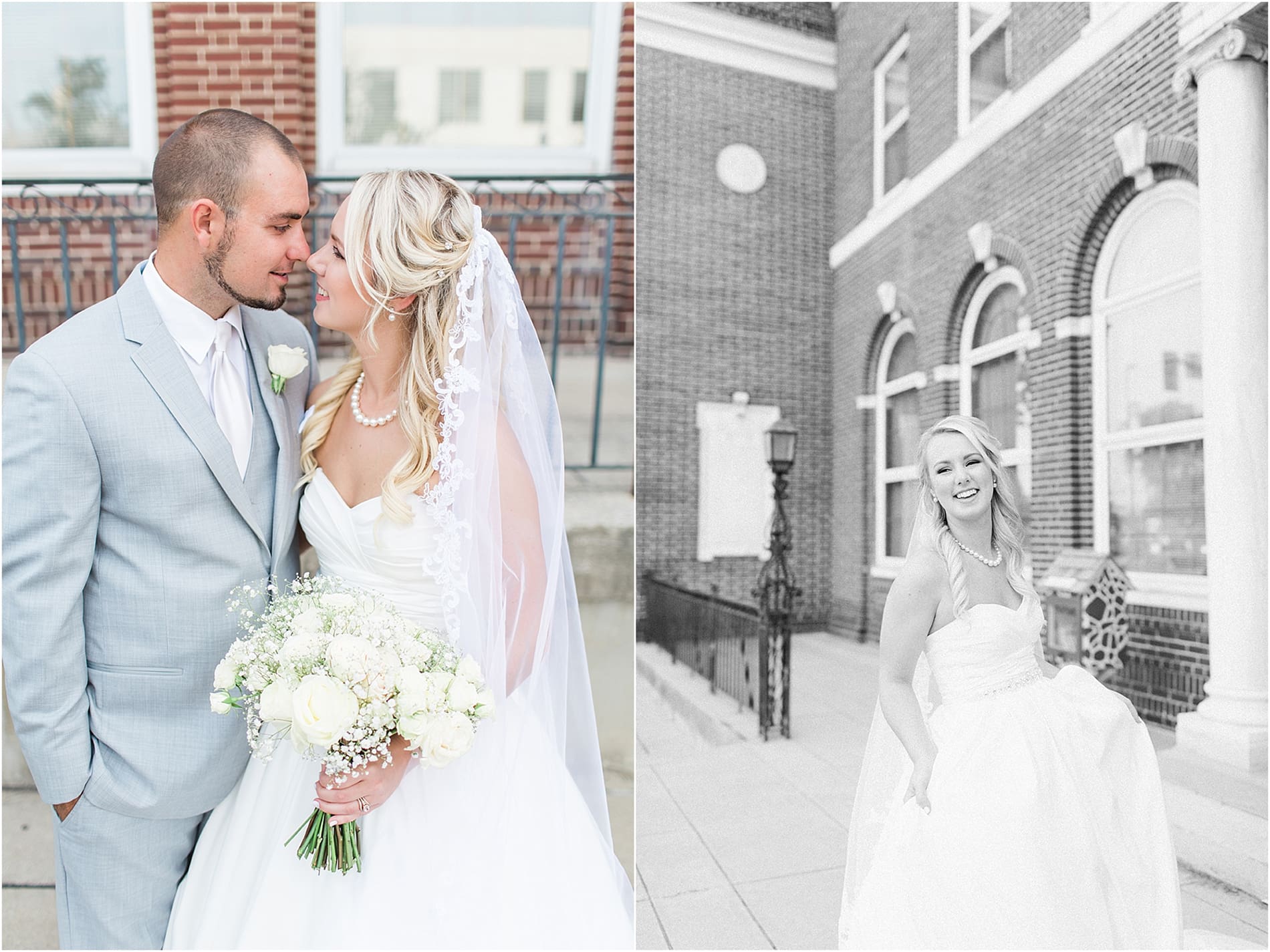 Arielle Peters Photography | Bride and groom next to brick building on wedding day at the Freemasons Hall in Fort Wayne, Indiana.