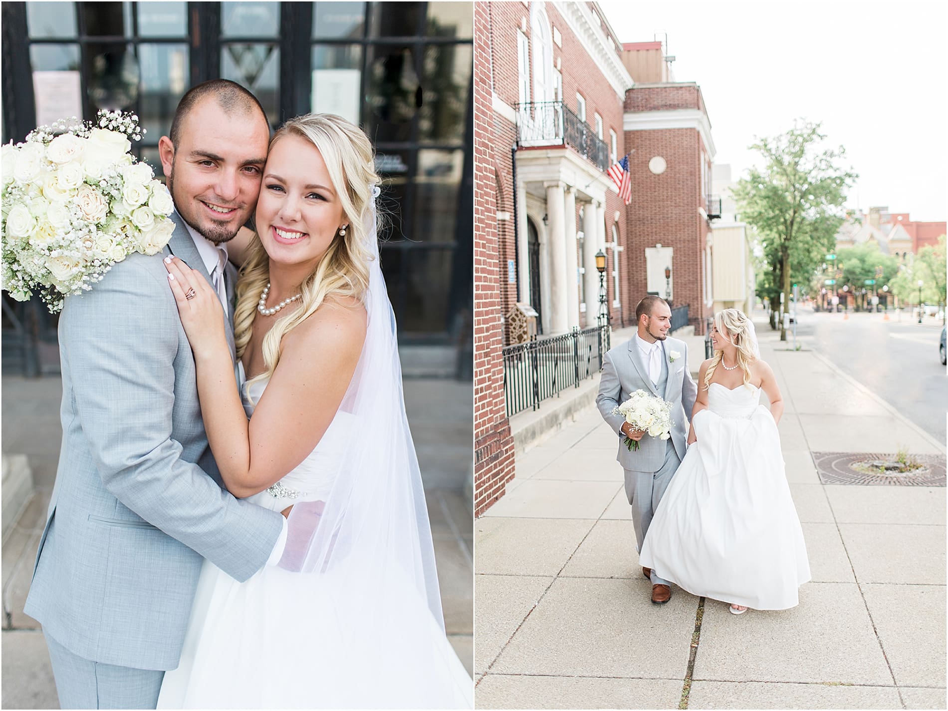 Arielle Peters Photography | Bride and groom walking on city streets on wedding day at the Freemasons Hall in Fort Wayne, Indiana.