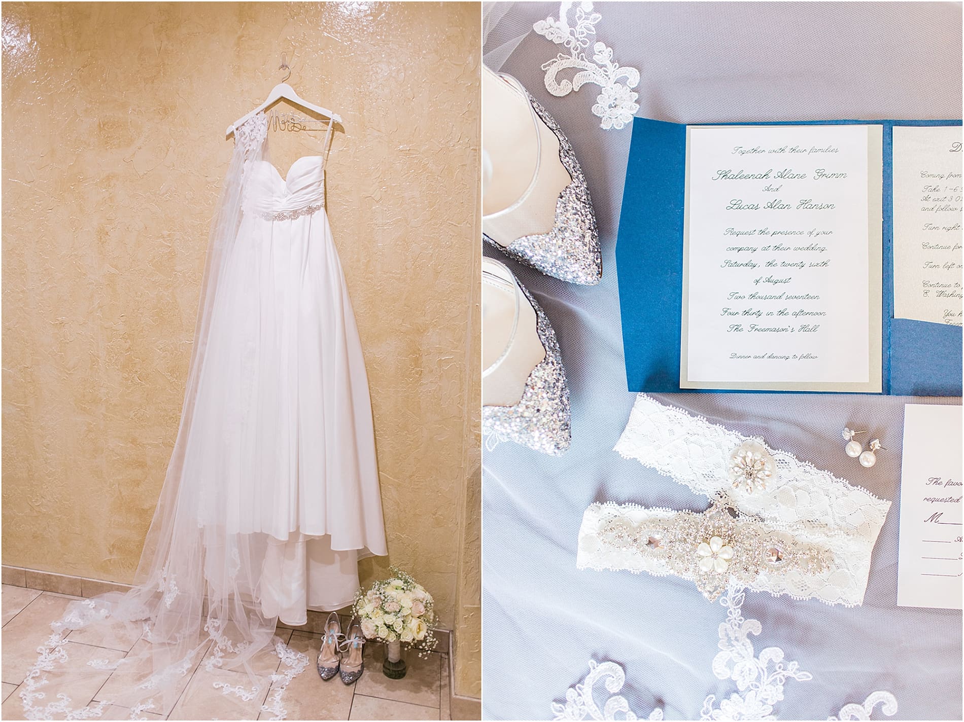 Arielle Peters Photography | Wedding invitation and jewelry on wedding day at the Freemasons Hall in Fort Wayne, Indiana.