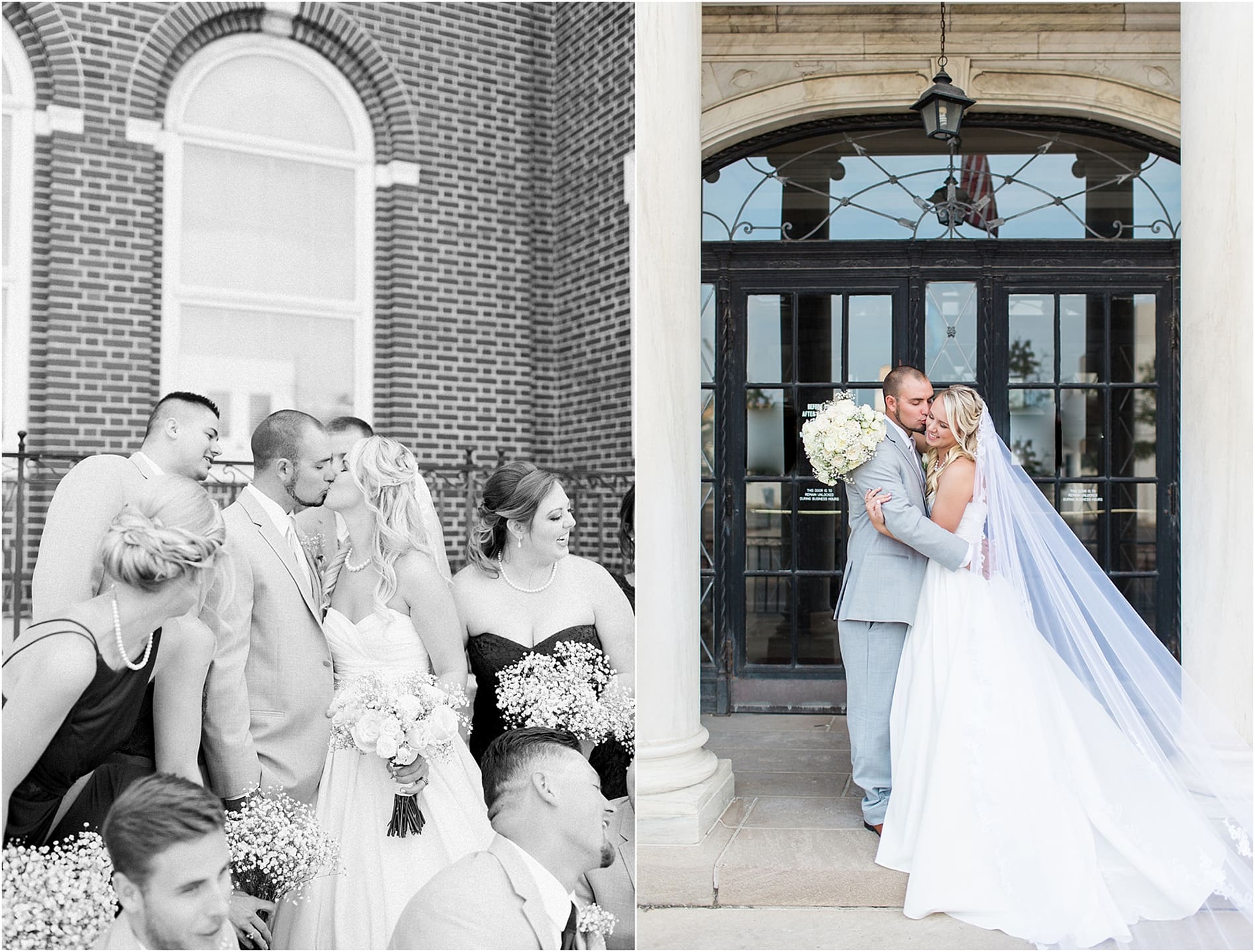 Arielle Peters Photography | Bride and groom standing next to large glass windows on wedding day at the Freemasons Hall in Fort Wayne, Indiana.