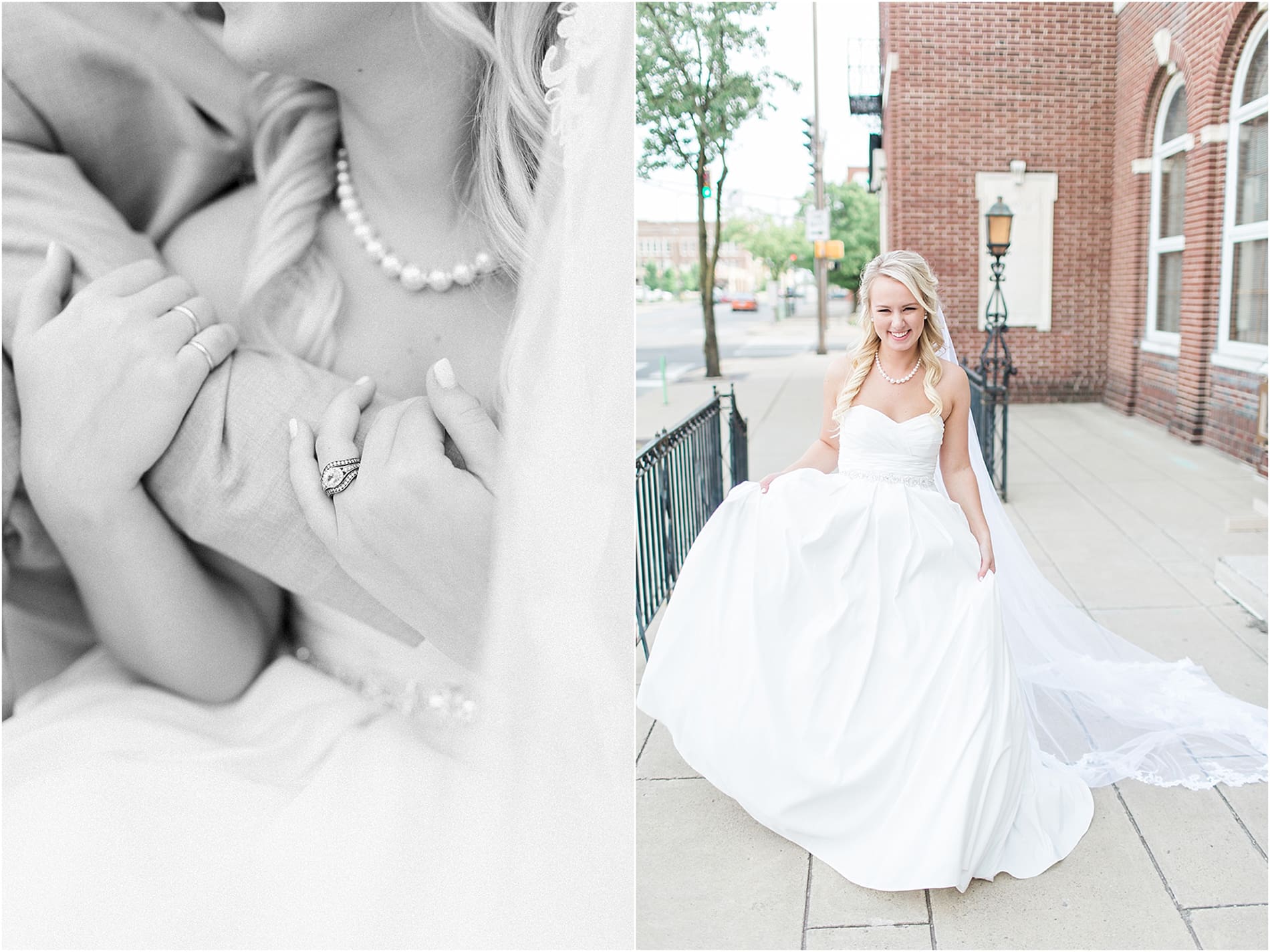 Arielle Peters Photography | Bride walking next to red brick building on wedding day at the Freemasons Hall in Fort Wayne, Indiana.