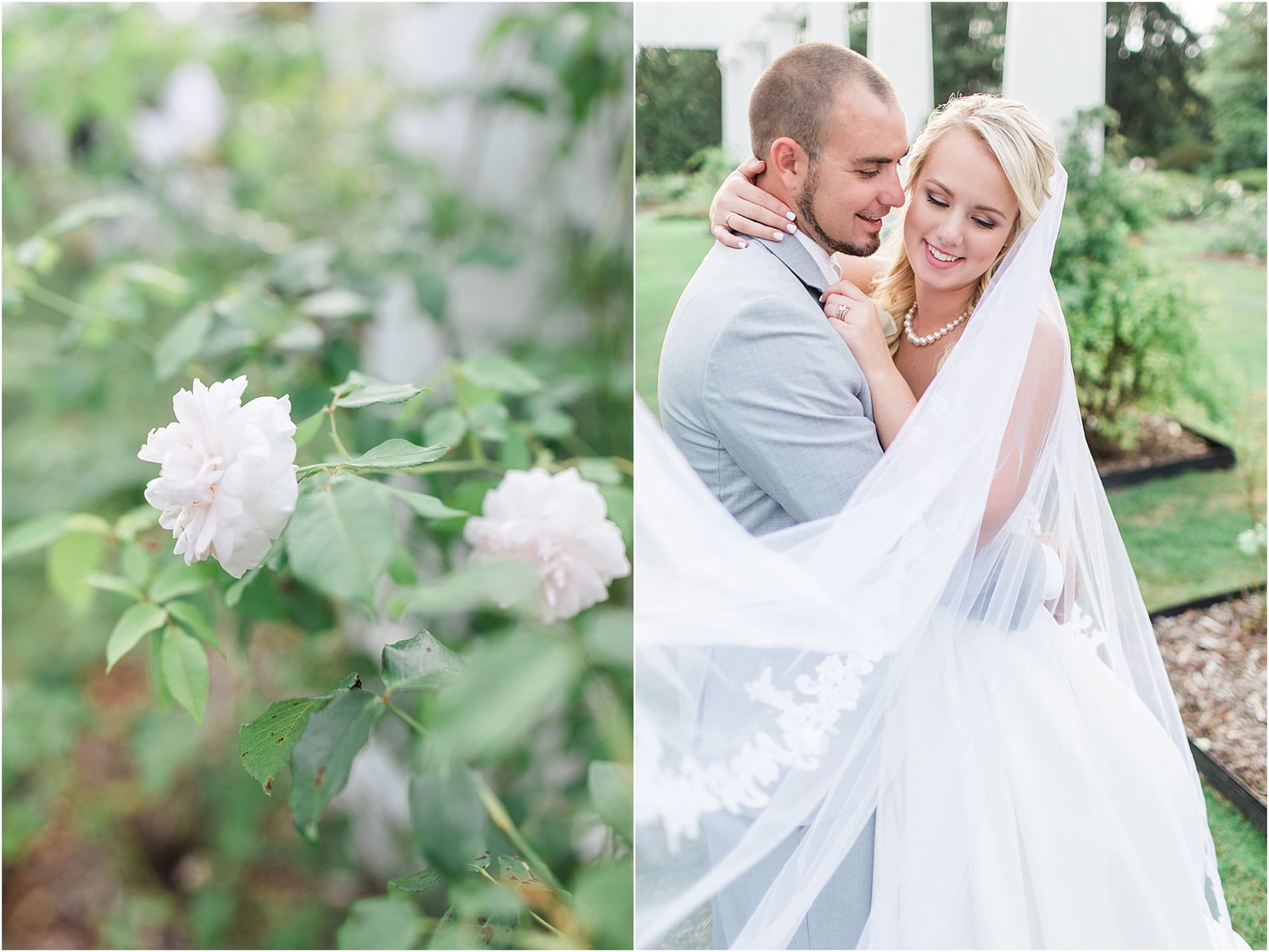 Arielle Peters Photography | Bride and groom hugging in rose garden on wedding day at the Freemasons Hall in Fort Wayne, Indiana.