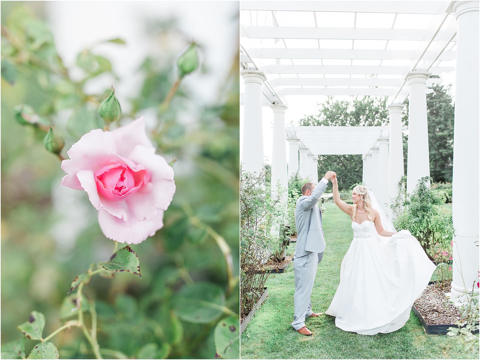 Arielle Peters Photography | Bride and groom slow dancing in overgrown rose garden on wedding day at the Freemasons Hall in Fort Wayne, Indiana.