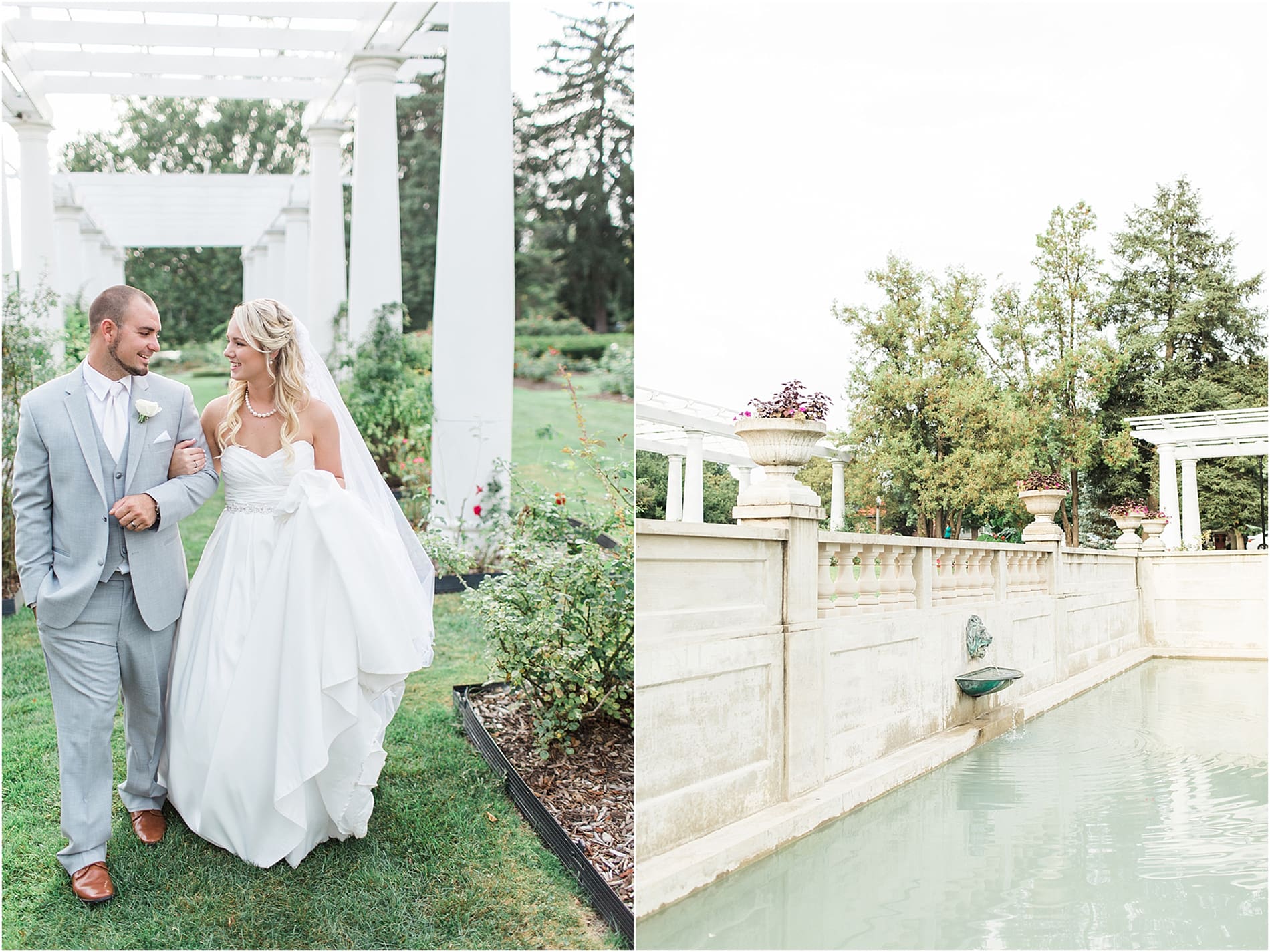 Arielle Peters Photography | Bride and groom walking in rose garden on wedding day at the Freemasons Hall in Fort Wayne, Indiana.