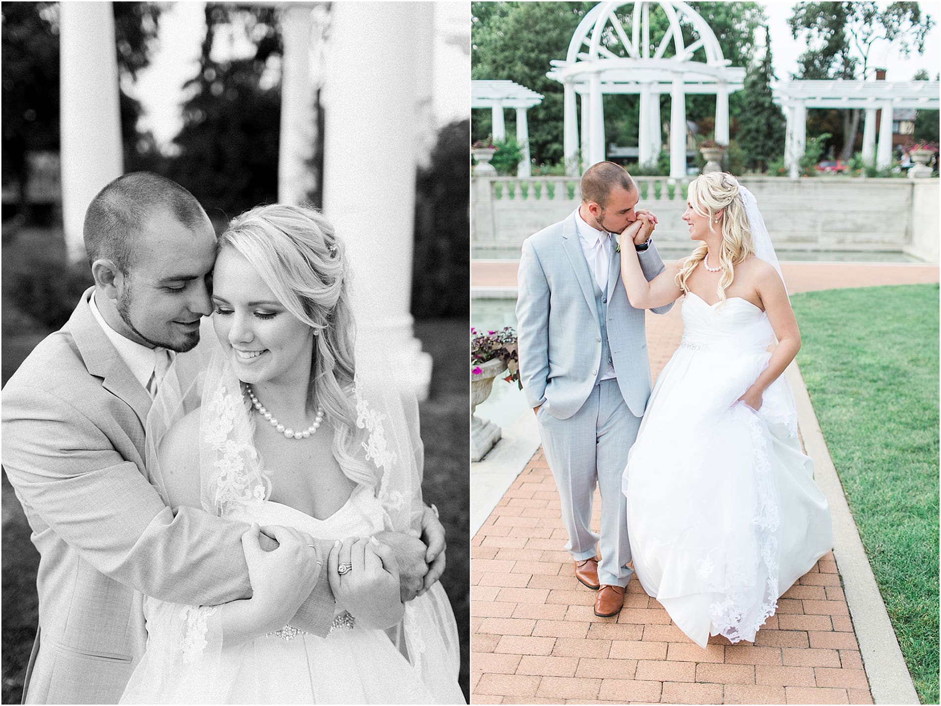 Arielle Peters Photography | Bride and groom walking in rose garden on wedding day at the Freemasons Hall in Fort Wayne, Indiana.