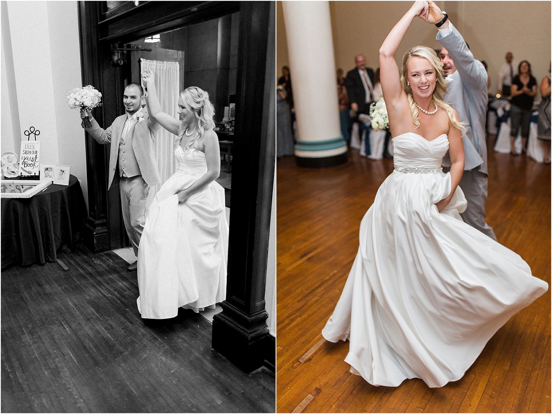 Arielle Peters Photography | Bride and groom entering wedding reception on wedding day at the Freemasons Hall in Fort Wayne, Indiana.