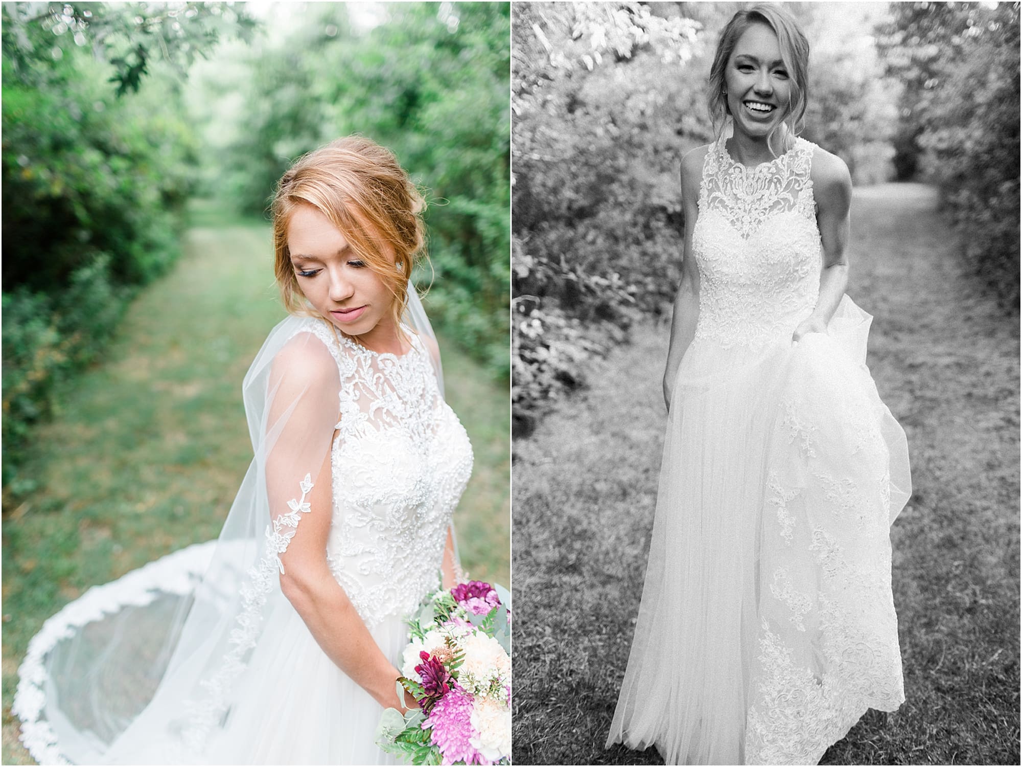 Arielle Peters Photography | Bride walking through tunnel of trees on wedding day at Willowfield Lavender Farm in Mooresville, Indiana. 