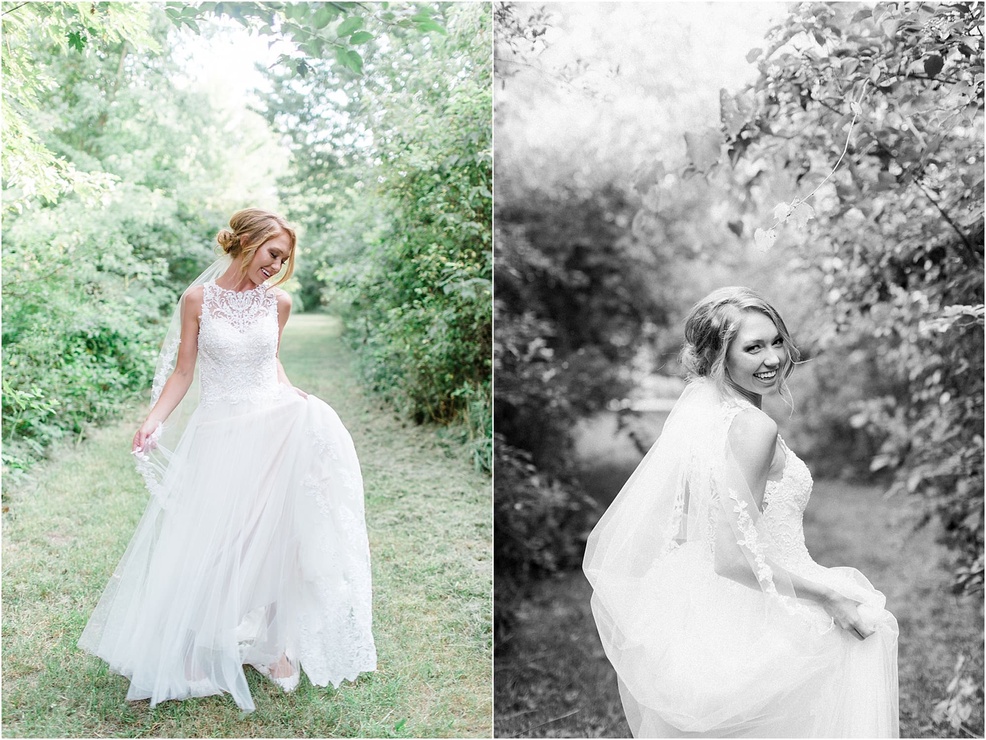 Arielle Peters Photography | Bride walking through tunnel of trees on wedding day at Willowfield Lavender Farm in Mooresville, Indiana. 