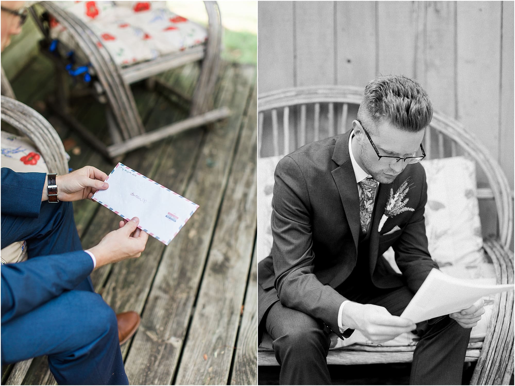 Arielle Peters Photography | Groom reading note from the bride on wedding day at Willowfield Lavender Farm in Mooresville, Indiana. 