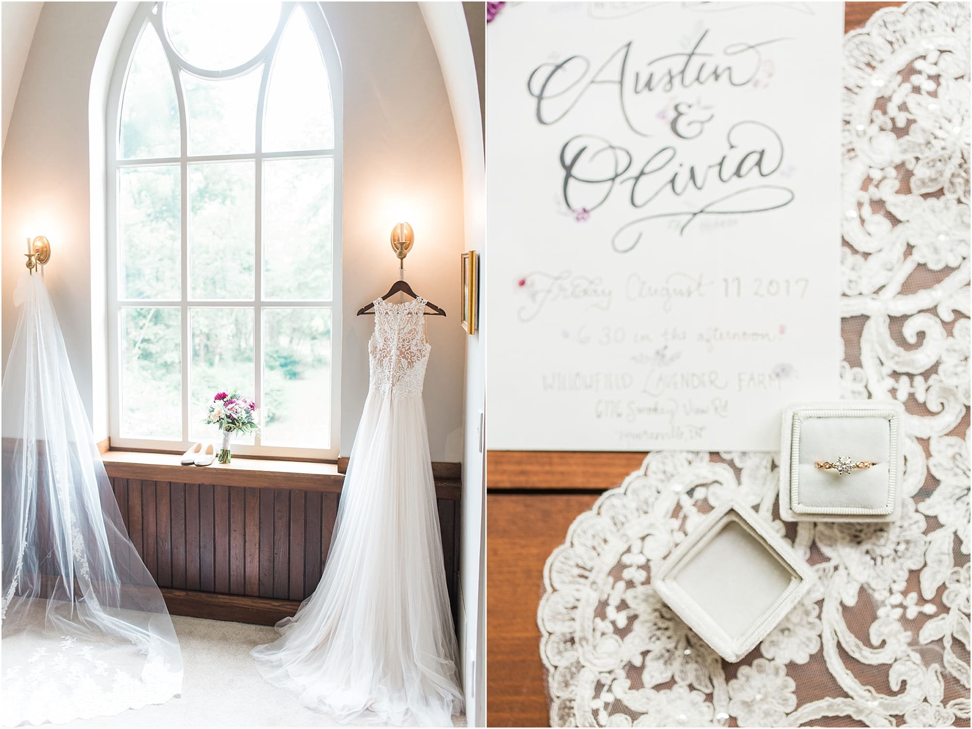 Arielle Peters Photography | Wedding gown hanging in large window on wedding day at Willowfield Lavender Farm in Mooresville, Indiana. 