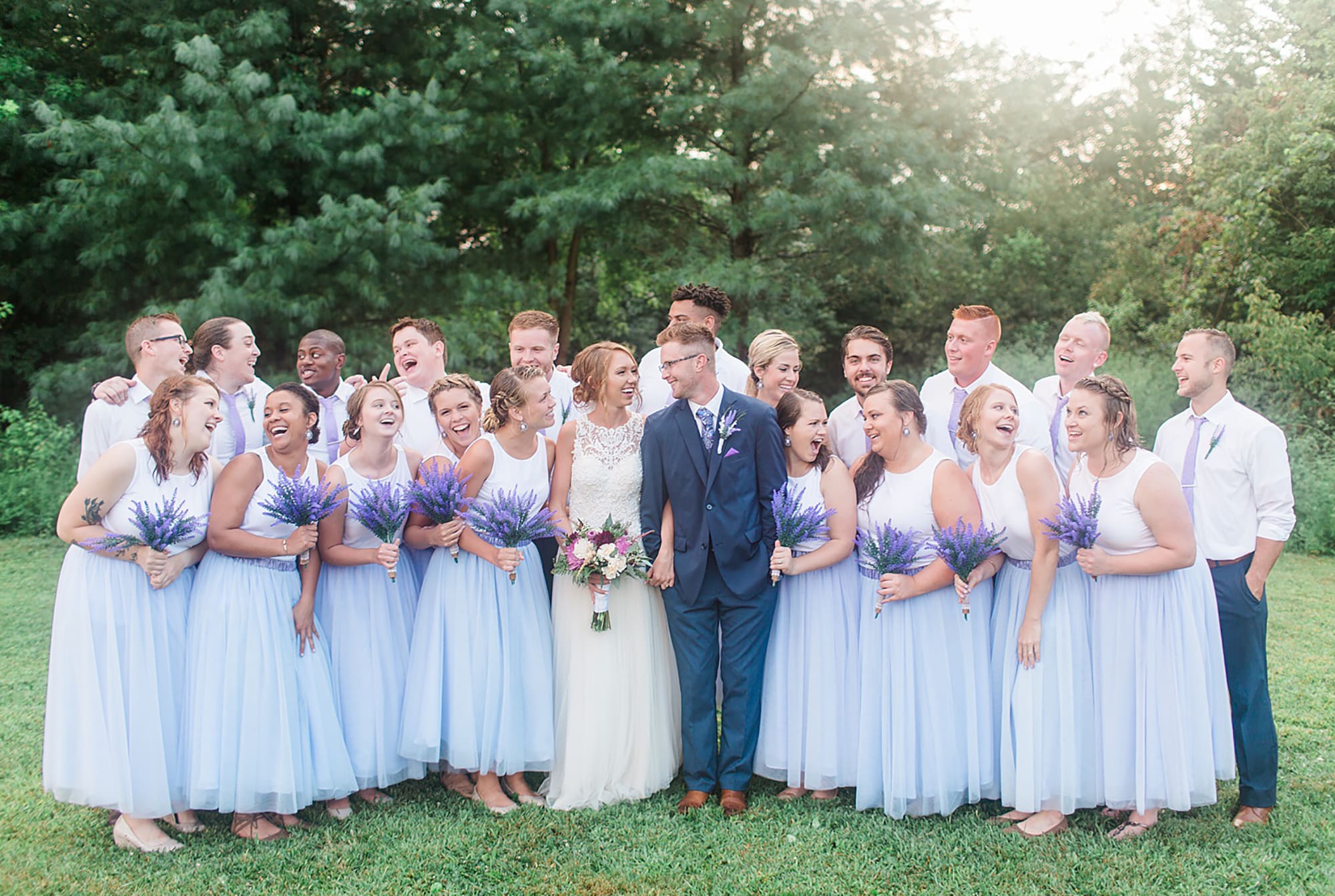 Arielle Peters Photography | Wedding party next to large trees at outdoor wedding at Willowfield Lavender Farm in Mooresville, Indiana. 