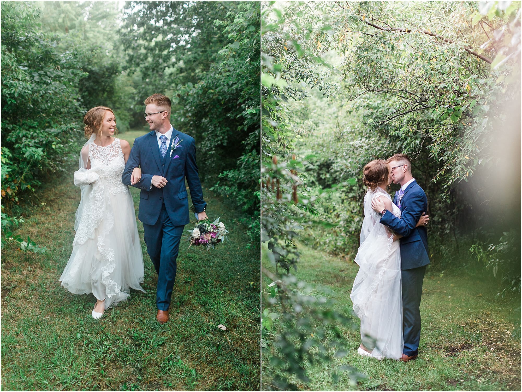 Arielle Peters Photography | Bride and groom kissing under tunnel of trees at outdoor wedding at Willowfield Lavender Farm in Mooresville, Indiana. 