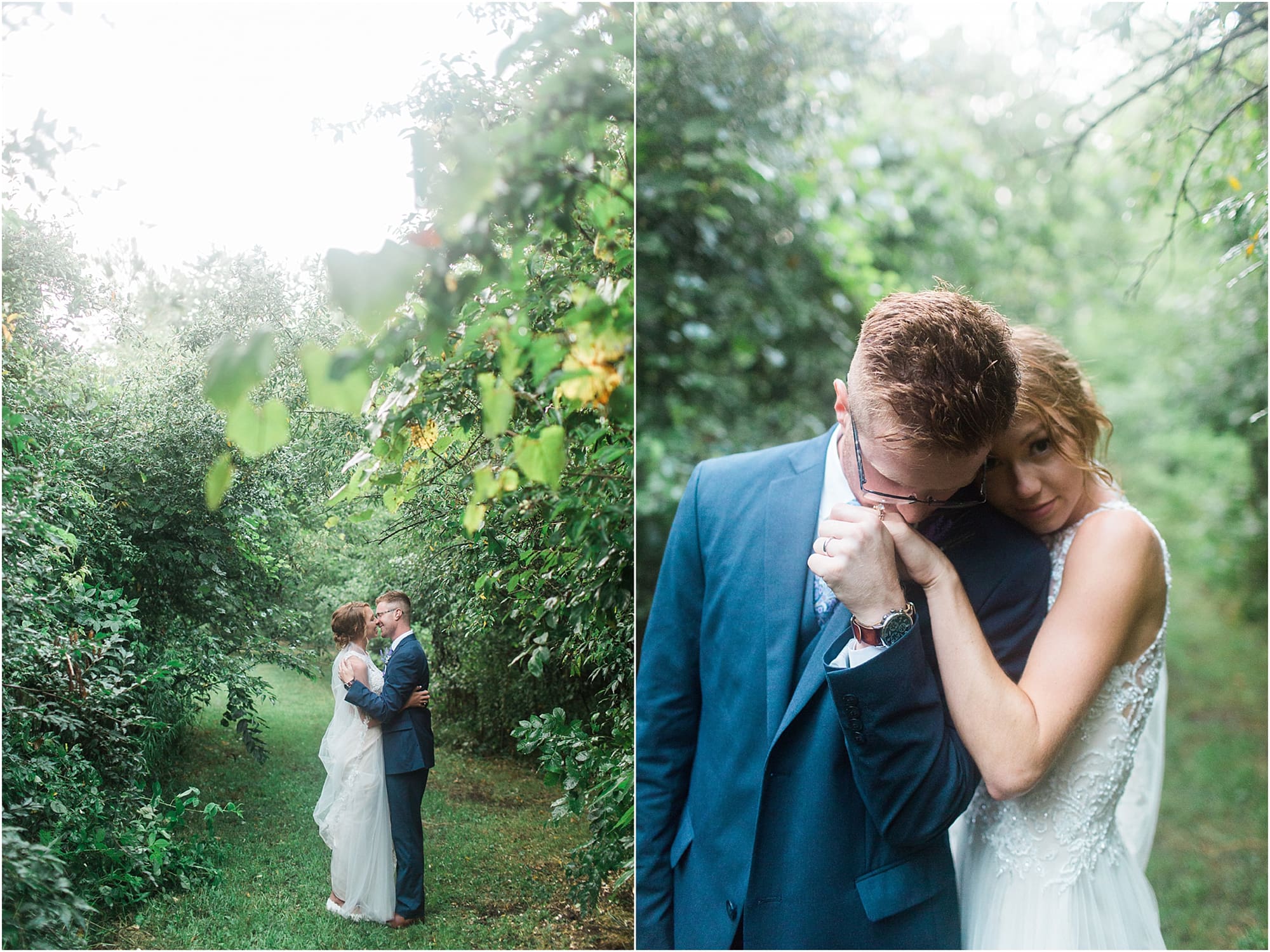 Arielle Peters Photography | Bride and groom kissing under tunnel of trees at outdoor wedding at Willowfield Lavender Farm in Mooresville, Indiana. 