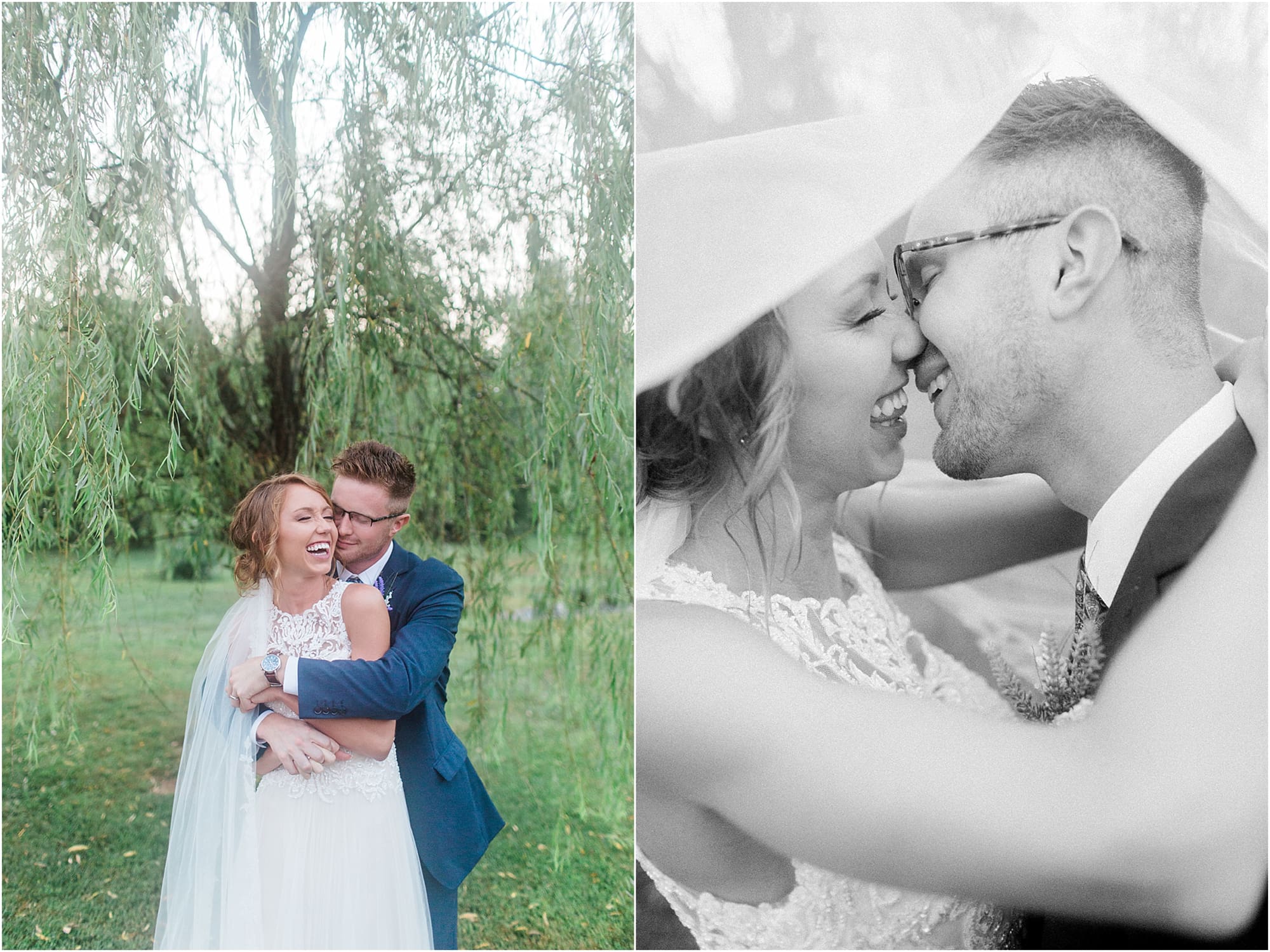 Arielle Peters Photography | Bride and groom hugging under willow tree at outdoor wedding at Willowfield Lavender Farm in Mooresville, Indiana. 