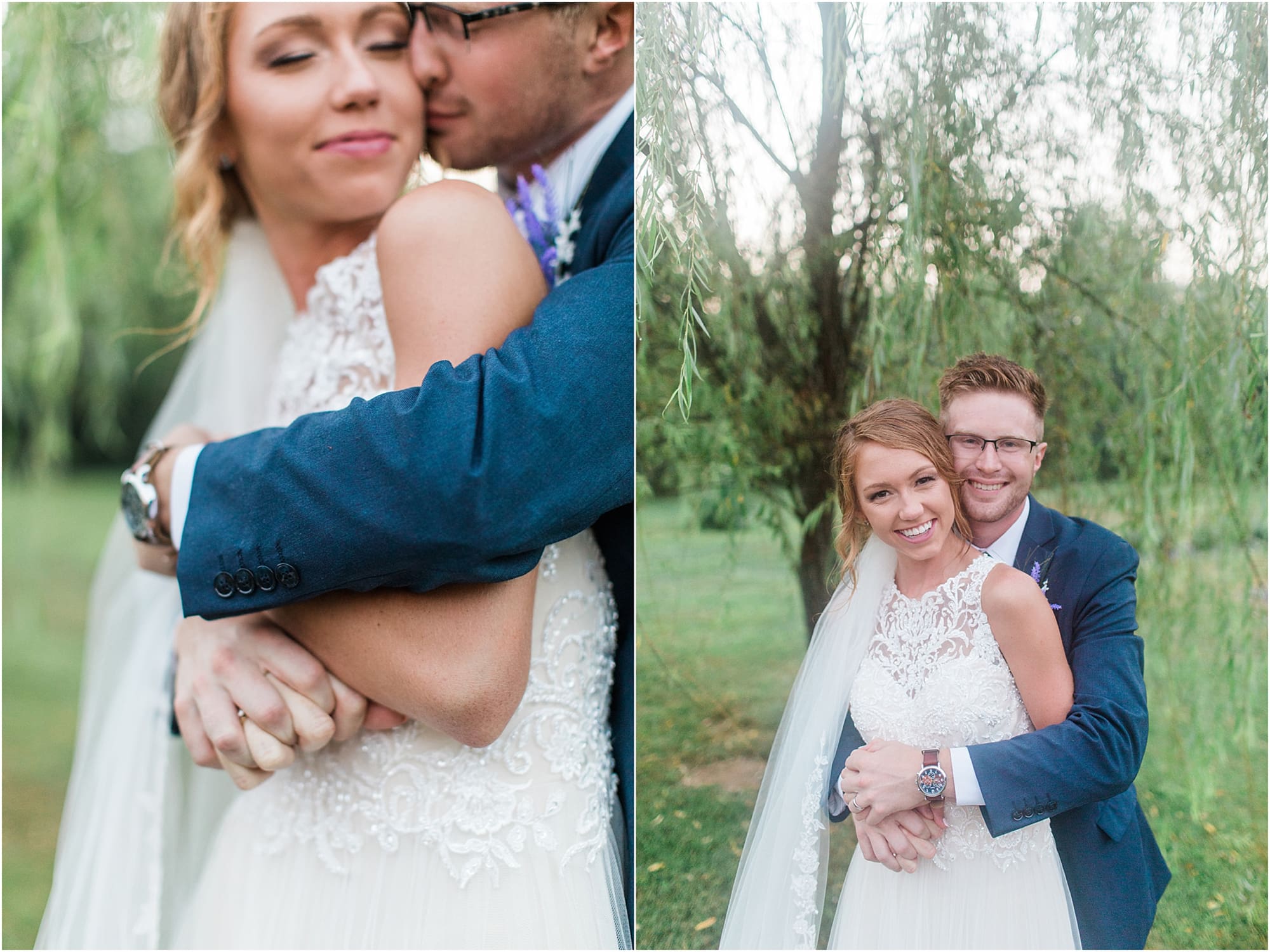 Arielle Peters Photography | Bride and groom hugging under willow tree at outdoor wedding at Willowfield Lavender Farm in Mooresville, Indiana. 
