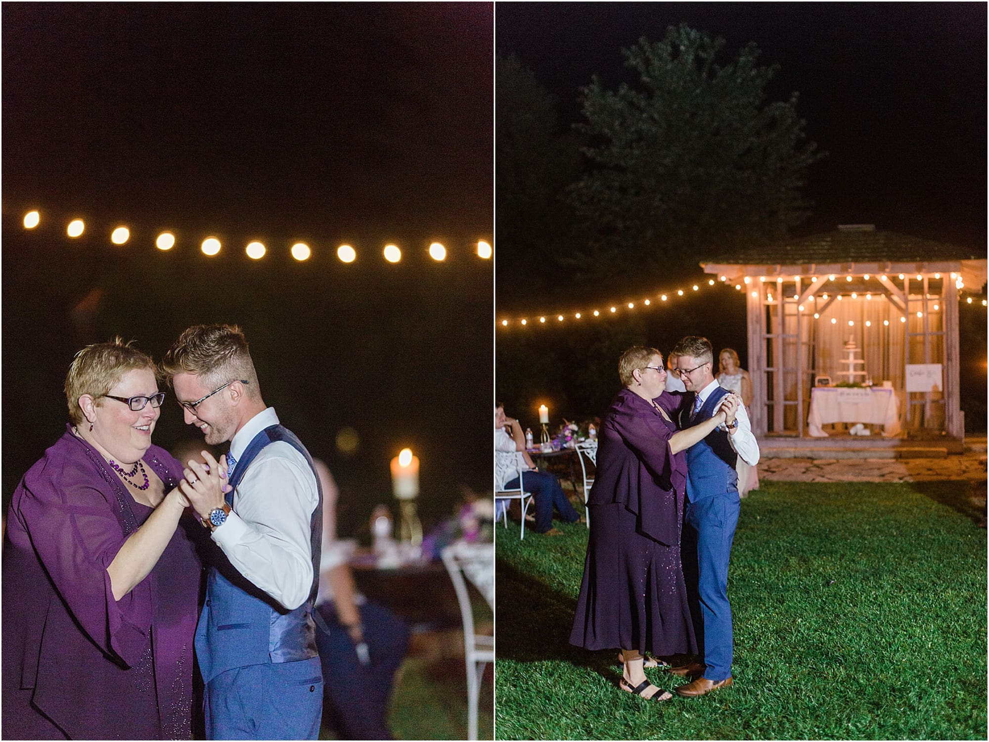 Arielle Peters Photography | Mother of groom and groom sharing a dance at wedding reception on wedding day at Willowfield Lavender Farm in Mooresville, Indiana. 