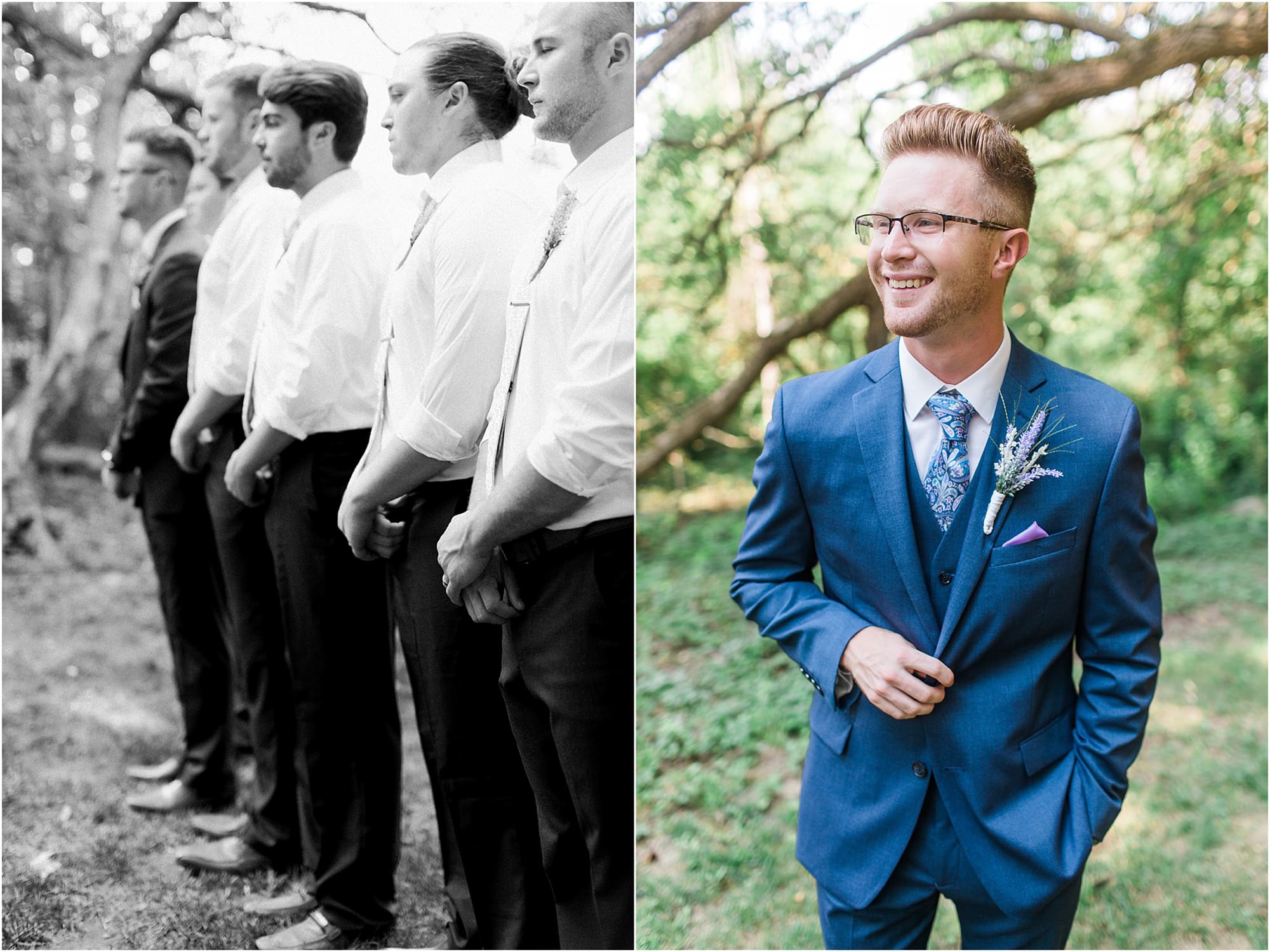 Arielle Peters Photography | Groom and groomsmen under willow tree on wedding day at Willowfield Lavender Farm in Mooresville, Indiana. 