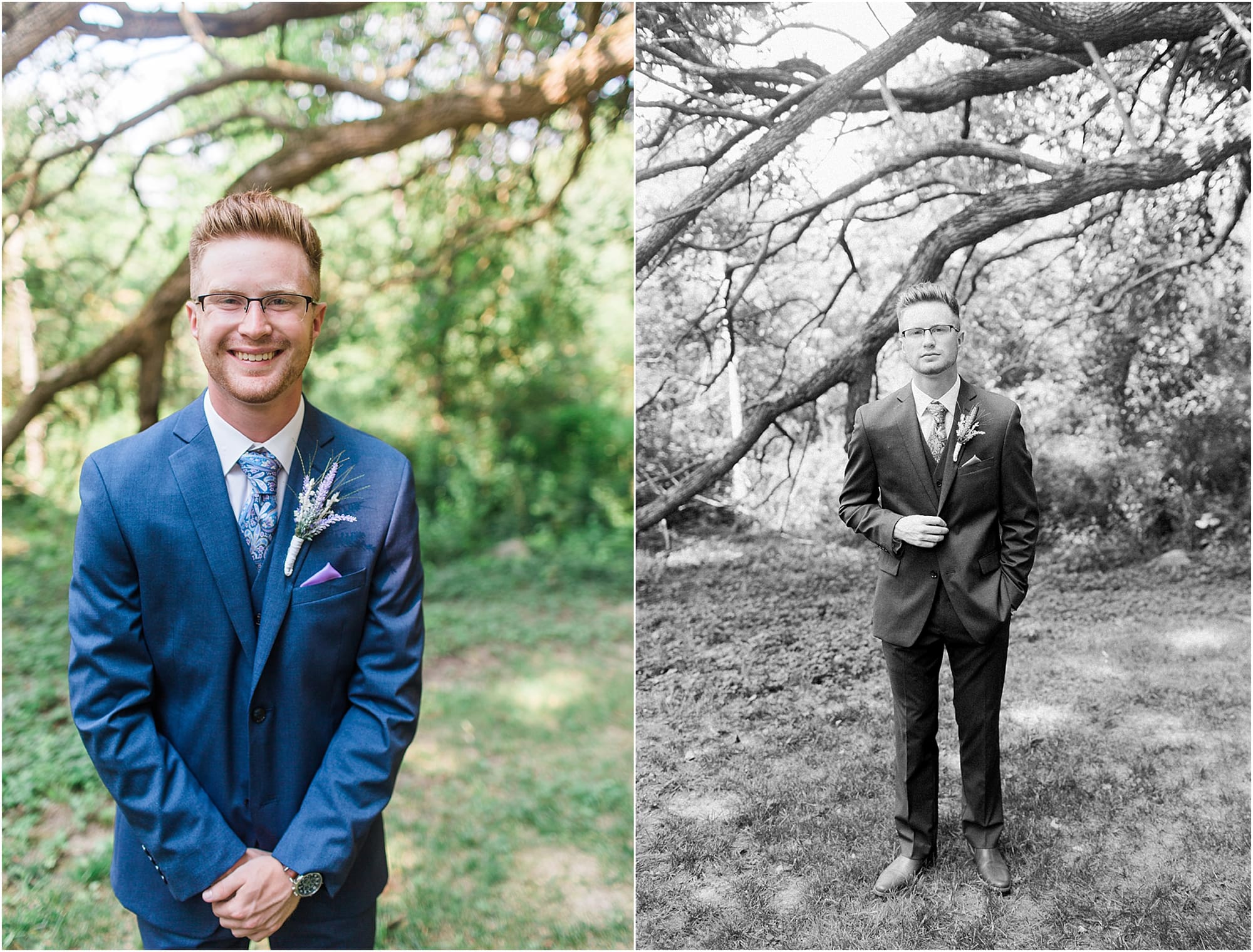 Arielle Peters Photography | Groom under large willow tree on wedding day at Willowfield Lavender Farm in Mooresville, Indiana. 
