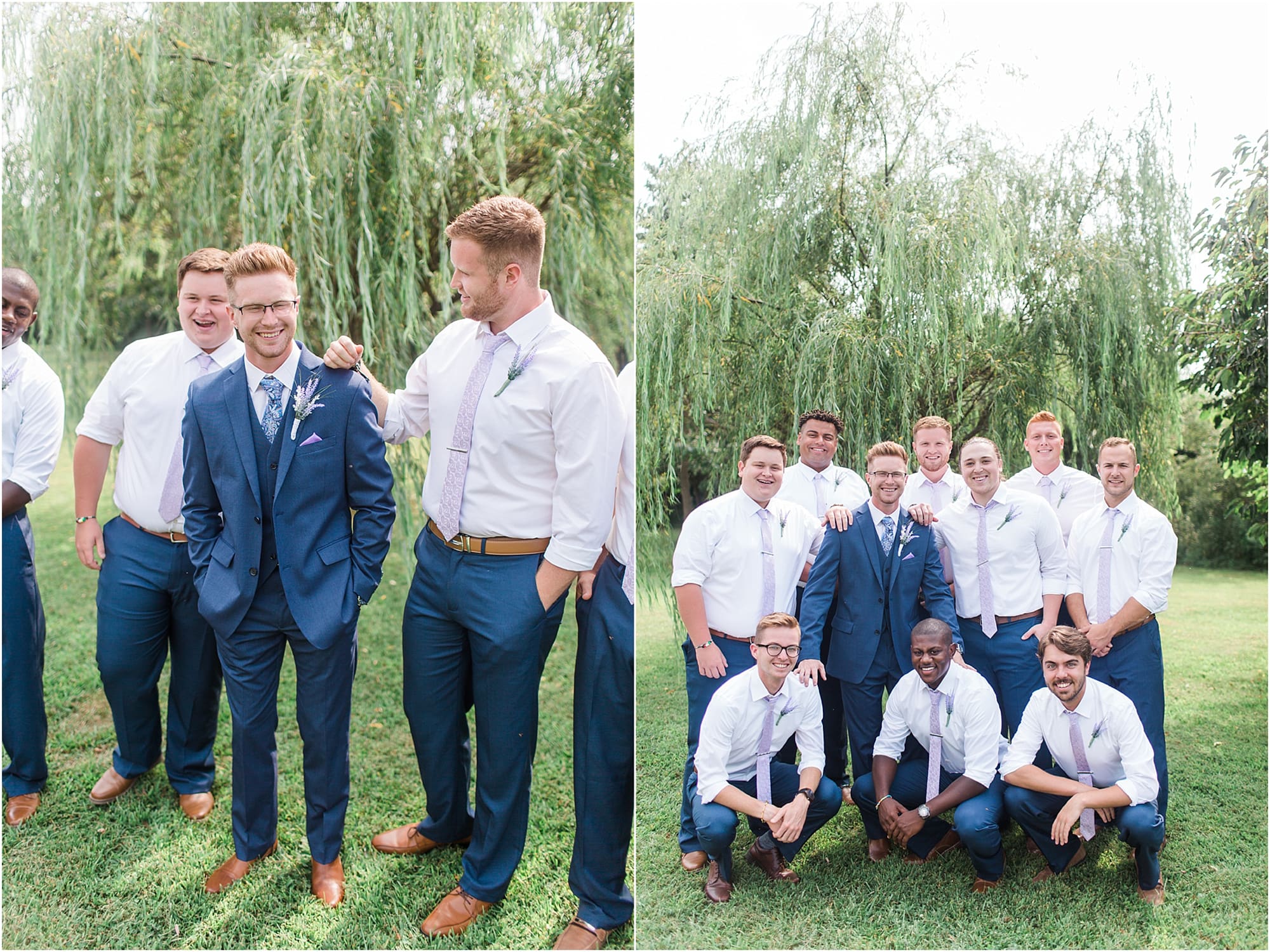 Arielle Peters Photography | Groom and groomsmen under willow tree on wedding day at Willowfield Lavender Farm in Mooresville, Indiana. 