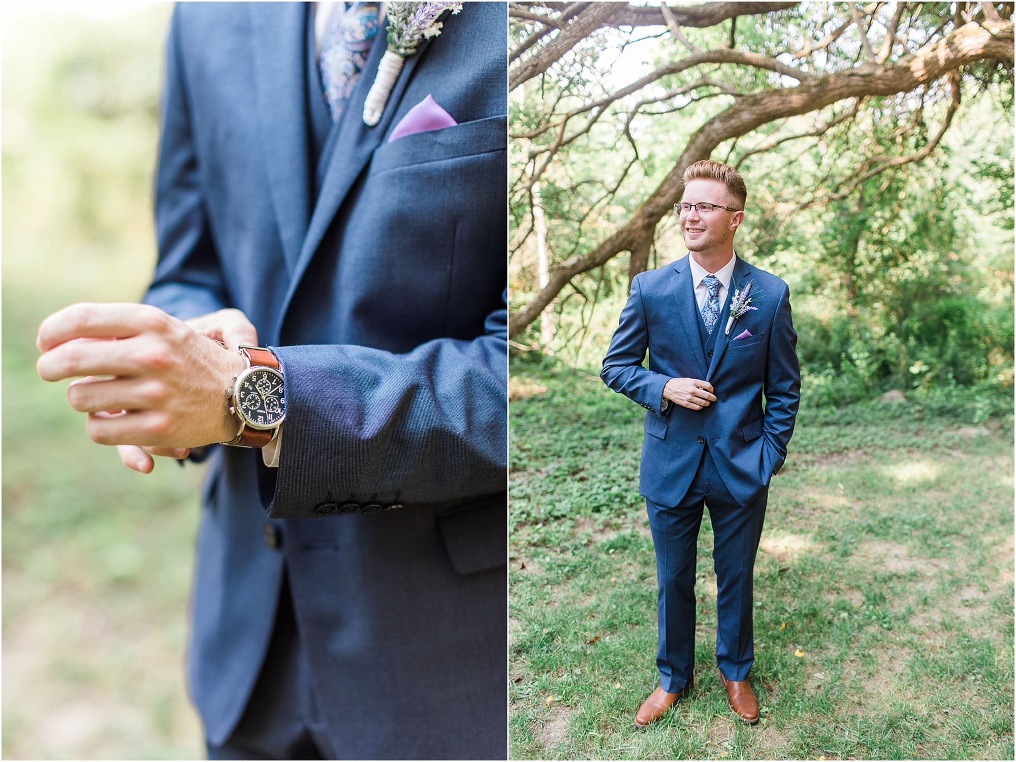 Arielle Peters Photography | Groom adjusting his watch under willow tree on wedding day at Willowfield Lavender Farm in Mooresville, Indiana. 